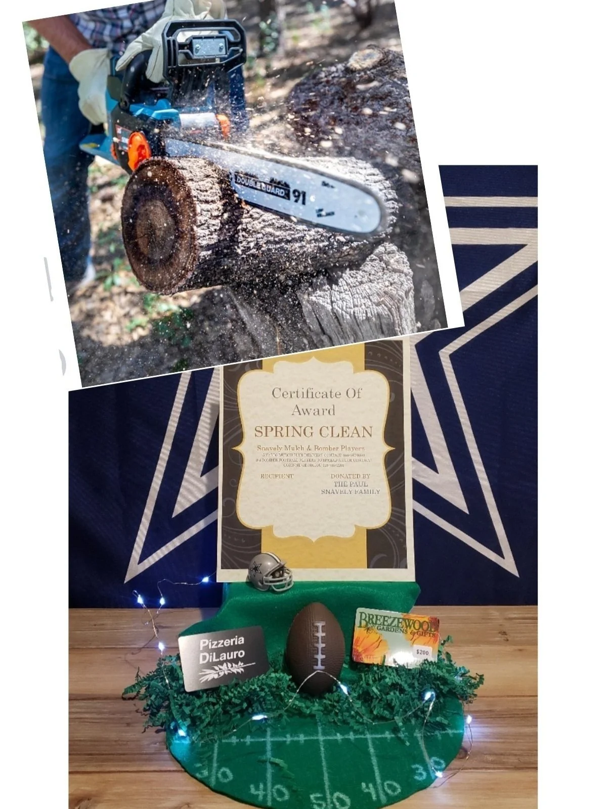 Prize Package 14 -  

Donated by:
The Paul Snavely Family,
B'laster Corporation,
Kenston High School Football Players,
Breezewood Garden & Gifts,
Ballantyne Family,
DiLauro's Pizza