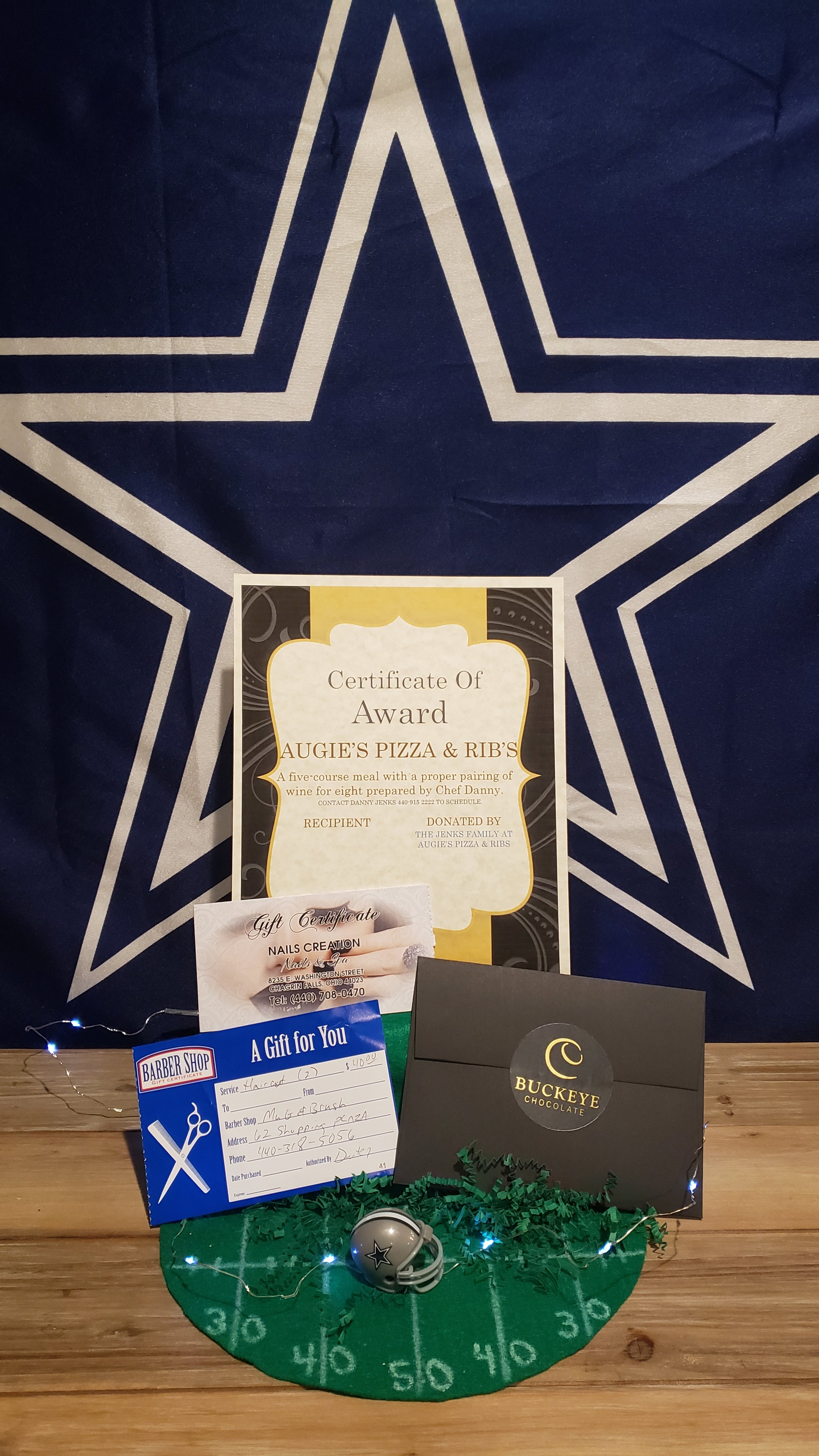 Prize Package 9 - 

Donated by:
Augie's Pizza & Ribs,
Nail Creation,
Mug n' Brush,
Buckeye Chocolate