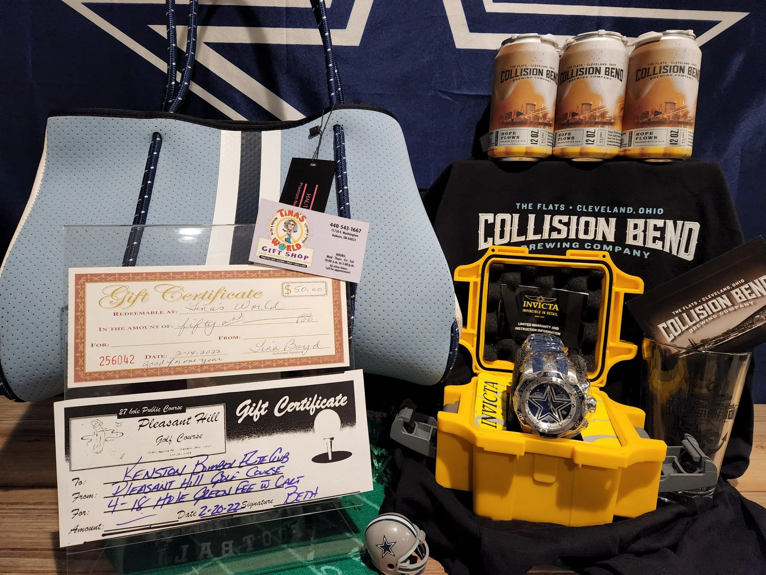 Prize Package 30 - 

Donated by:
Coach Cuccia,
Pleasant Hill Golf Course,
The Kratzert Family,
Collision Bend Brewing Company,
Tina's World Gift Shop