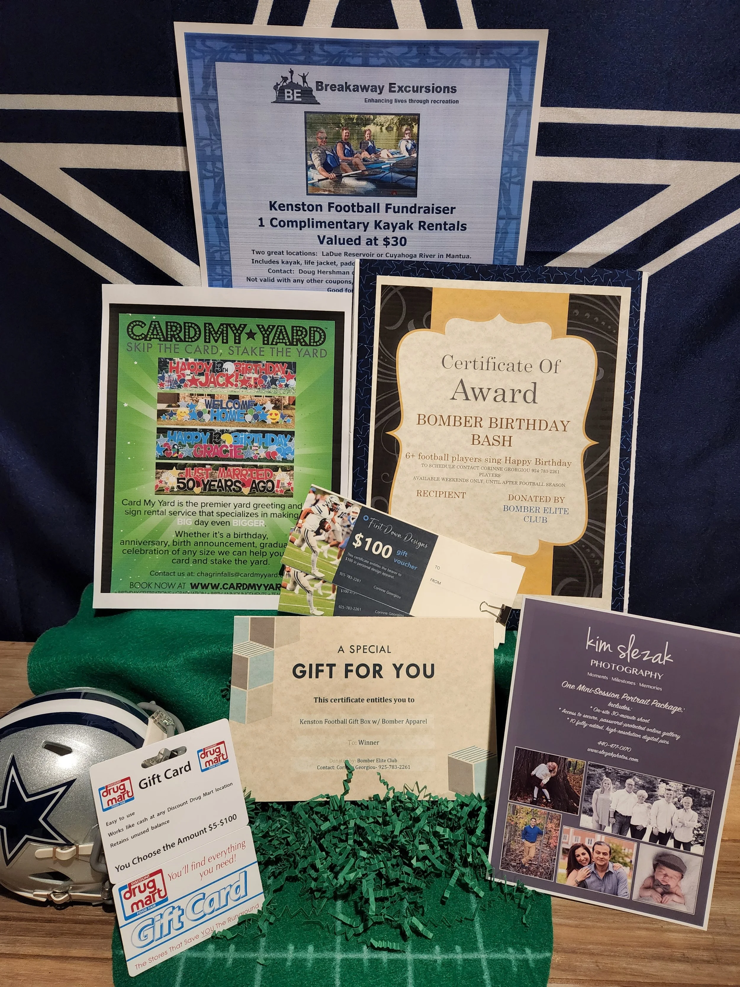 Prize Package 26 - 

Donated by:
Erica Watchler - Card My Yard
Bomber Elite Club
First Down Designs
Kris' Confections
Kim Slezak Photography
Breakaway Excursions
Discount Drug Mart