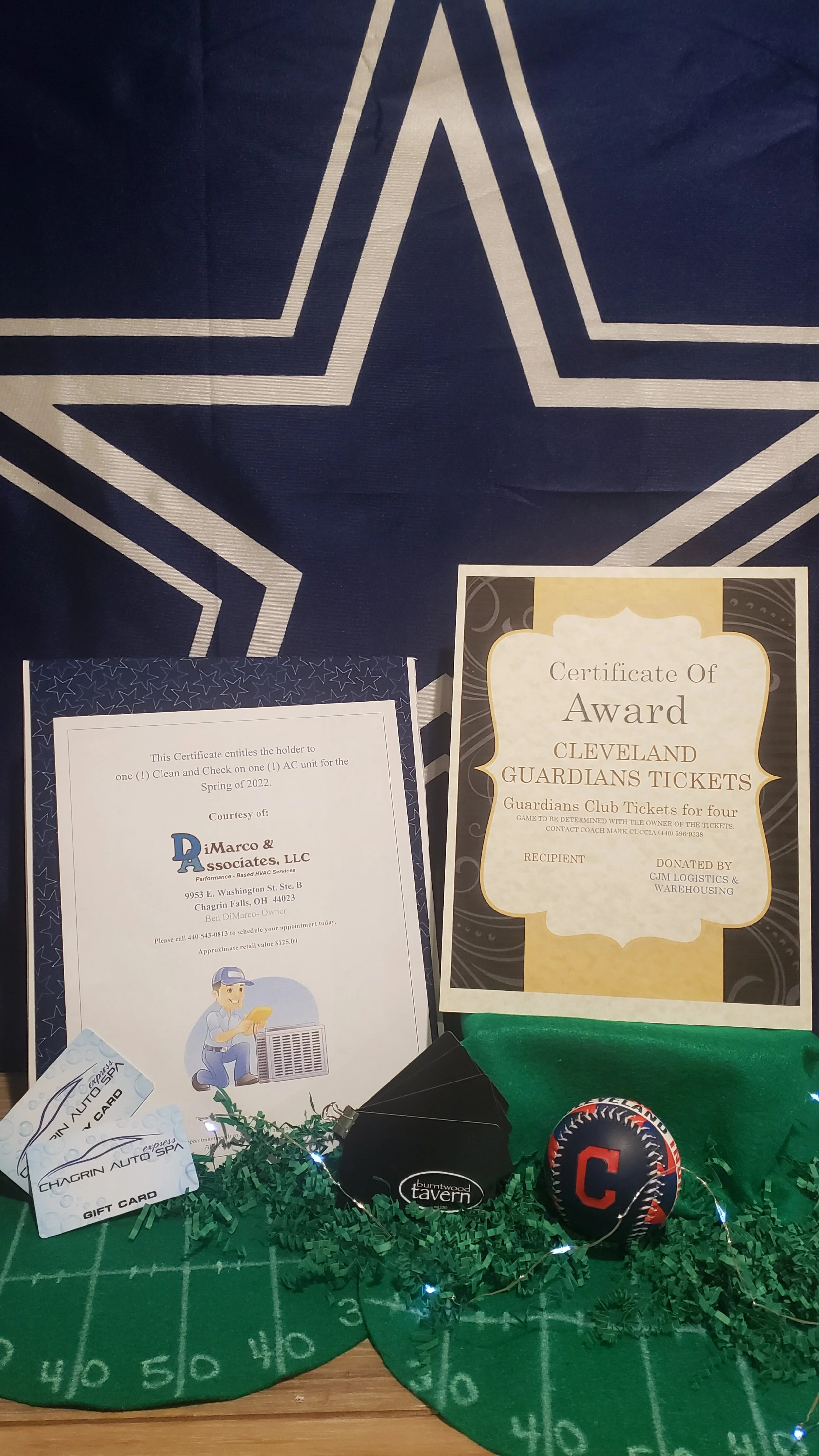 Prize Package 16 - 

Donated by:
CJM Logistics & Warehousing,
DiMarco & Associates,
Burntwood Tavern,
Chagrin Auto Spa