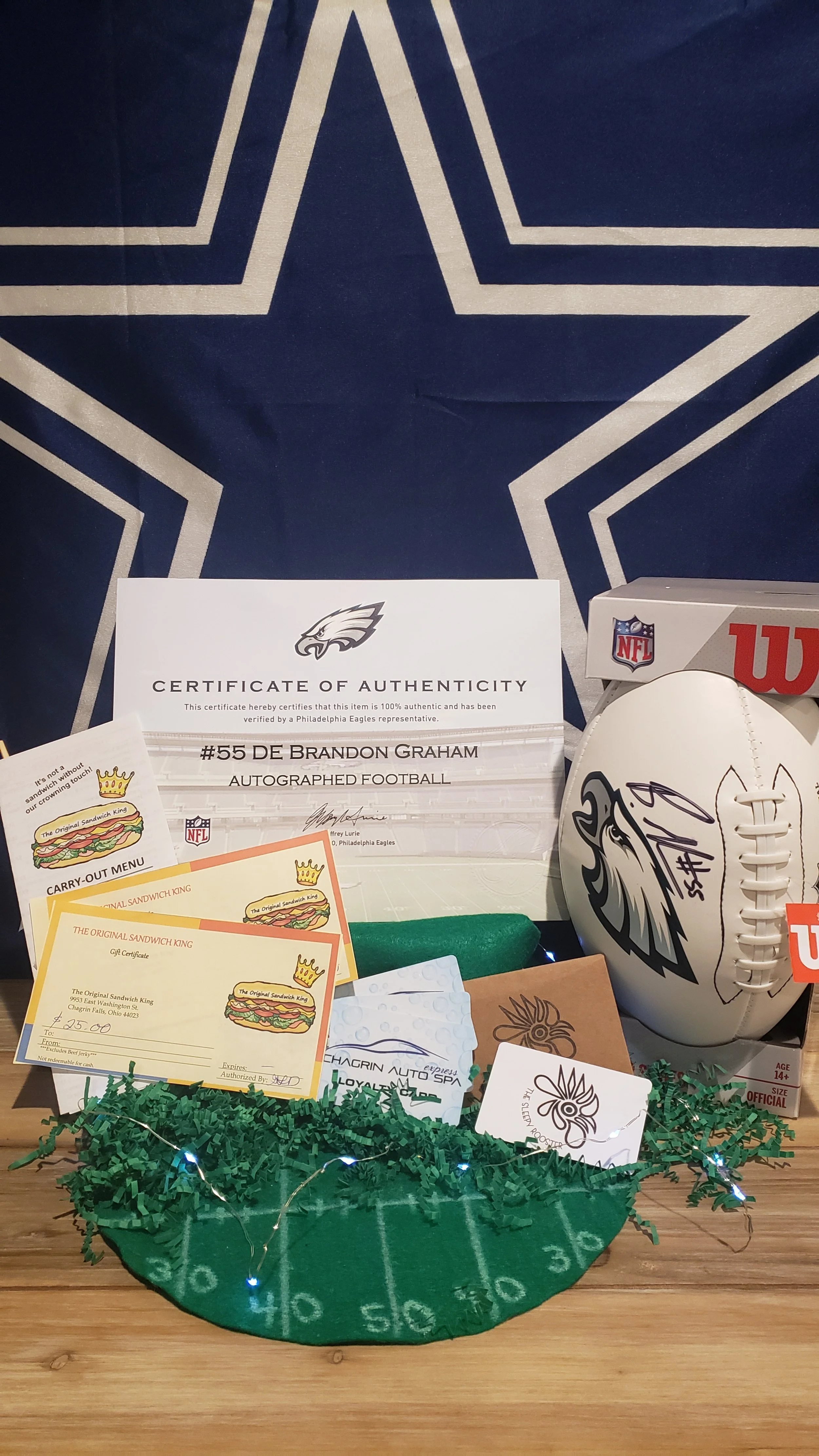 Prize Package 18 - 

Donated by:
Joe Kasper- - Philadelphia Eagles,
Kenston Community Education,
B'laster Corporation,
Original Sandwich King,
Chagrin Auto Spa,
Sleepy Rooster