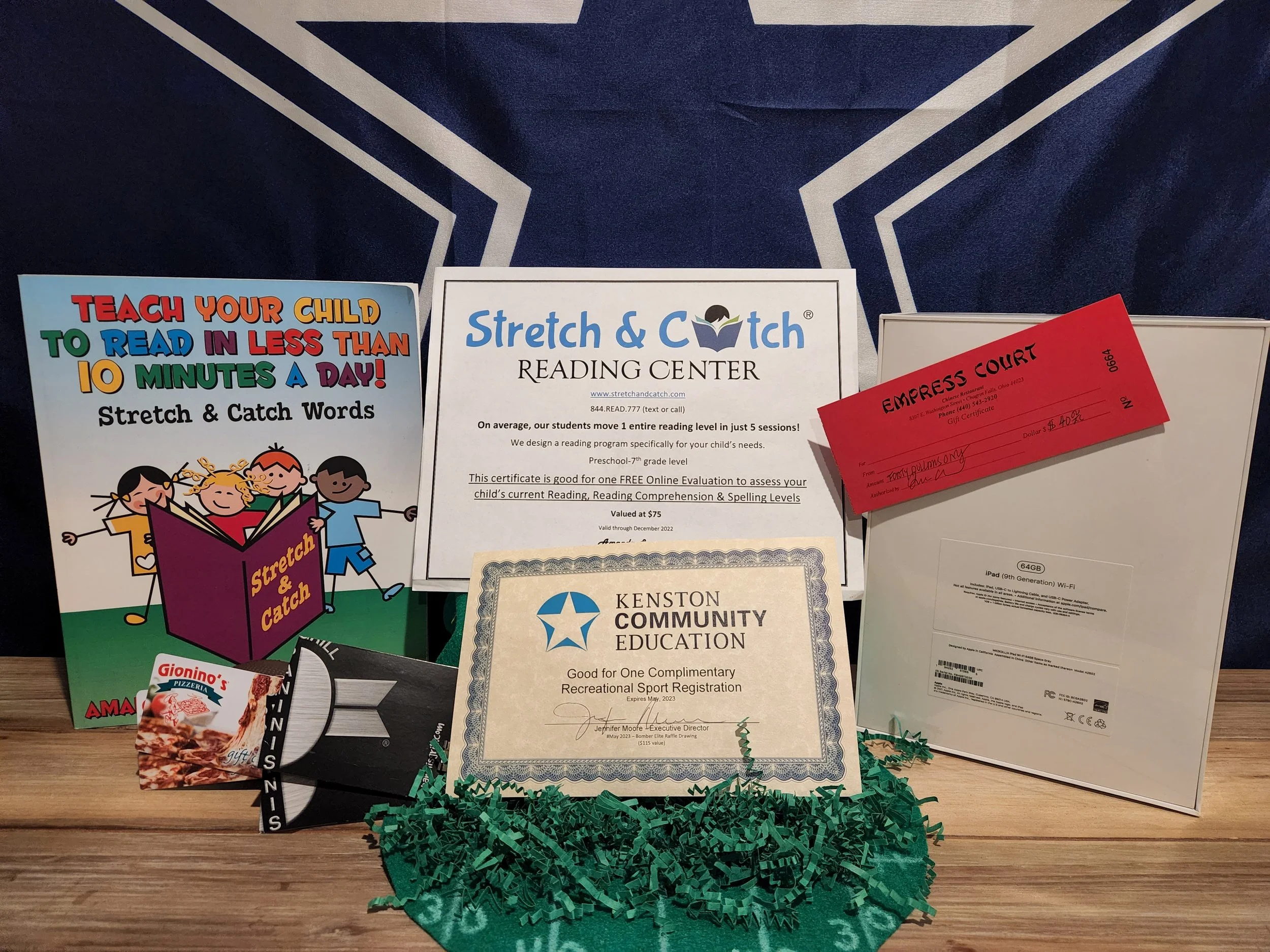 Prize Package 27 - 

Donated by:
Jody Rumore,
Kenston Community Education,
Stretch & Catch Reading Center,
Gionino's Pizza,
Empress Court Chinese Restaurant