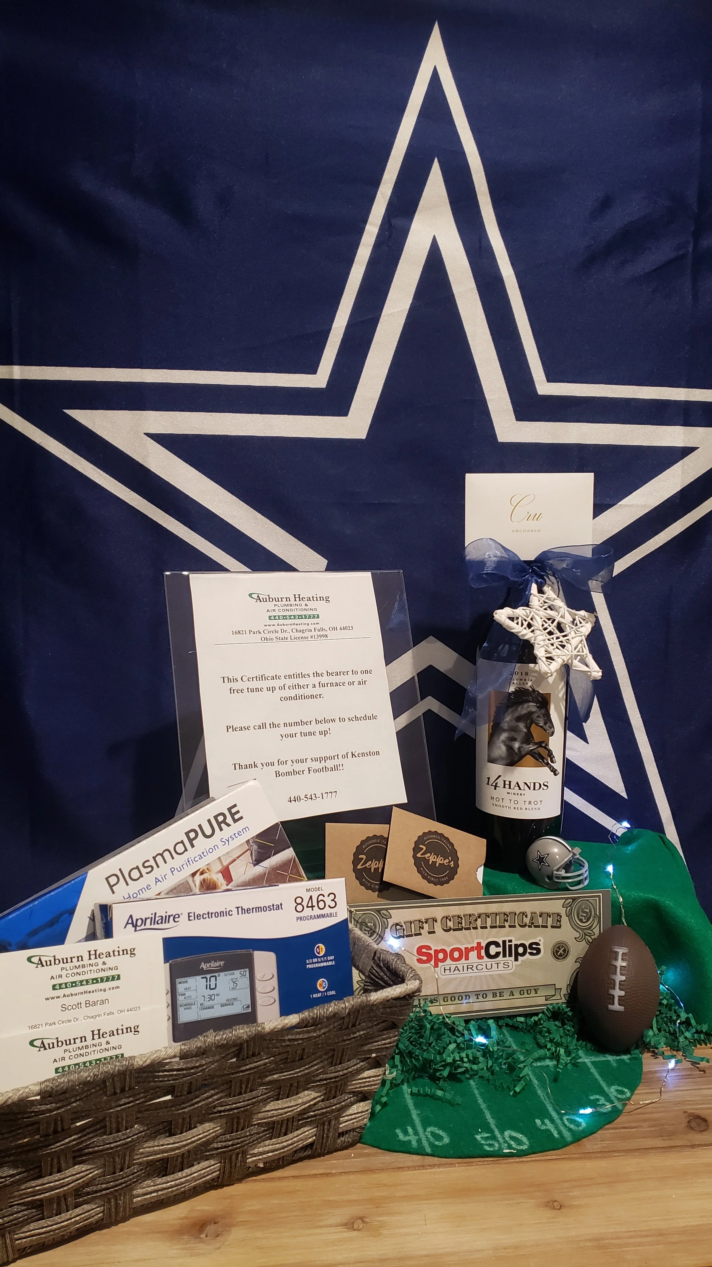 Prize Package 4 - 

Donated by:
Auburn Heating, Plumbing & Air,
The Gray Family,
Sports Clips,
Zeppe's Pizza

