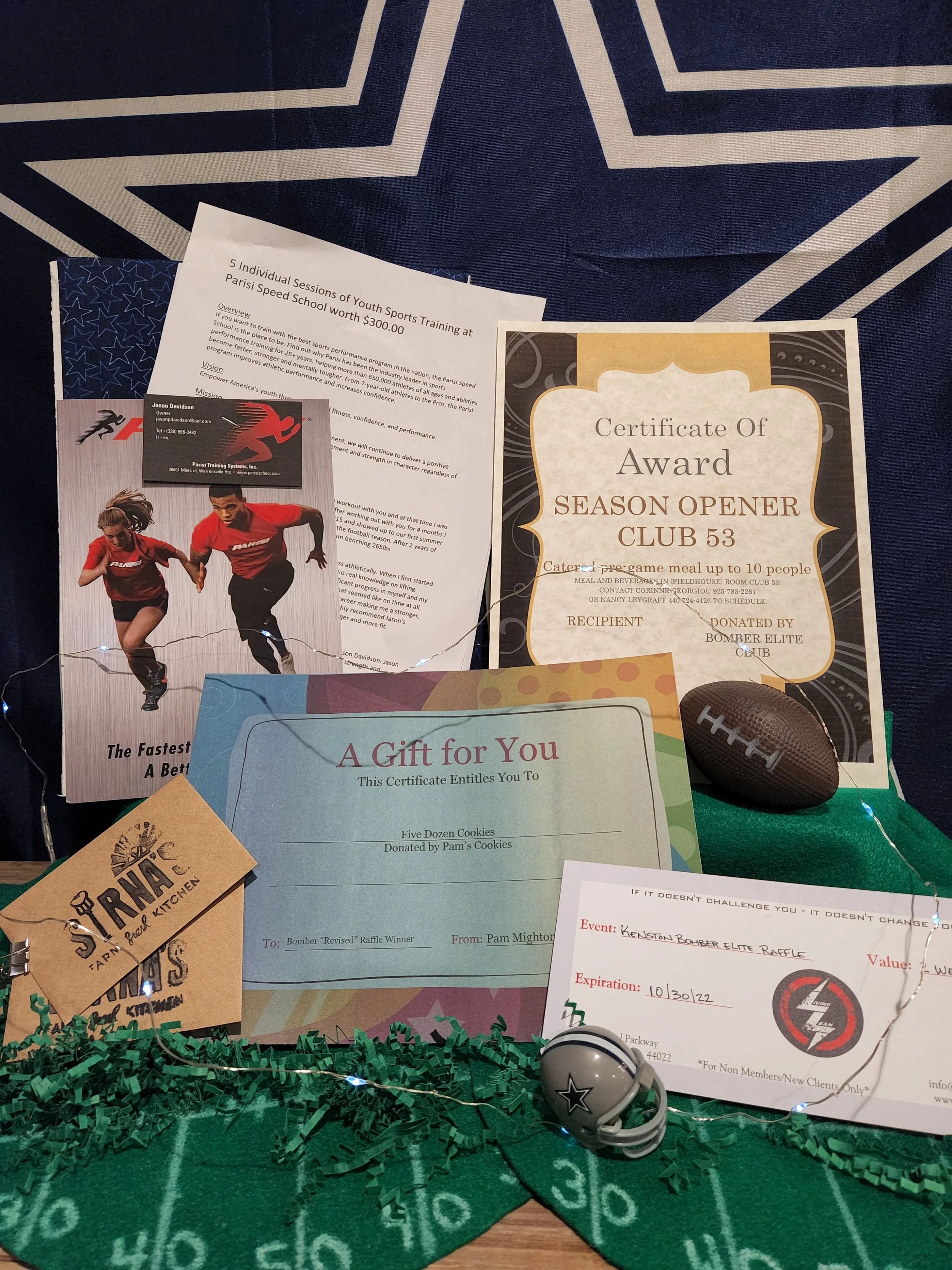 Prize Package 21 - 

Donated by:
The Gray Family,
Bomber Elite Club,
Pam Mighton,
Living Lean, Sirna's