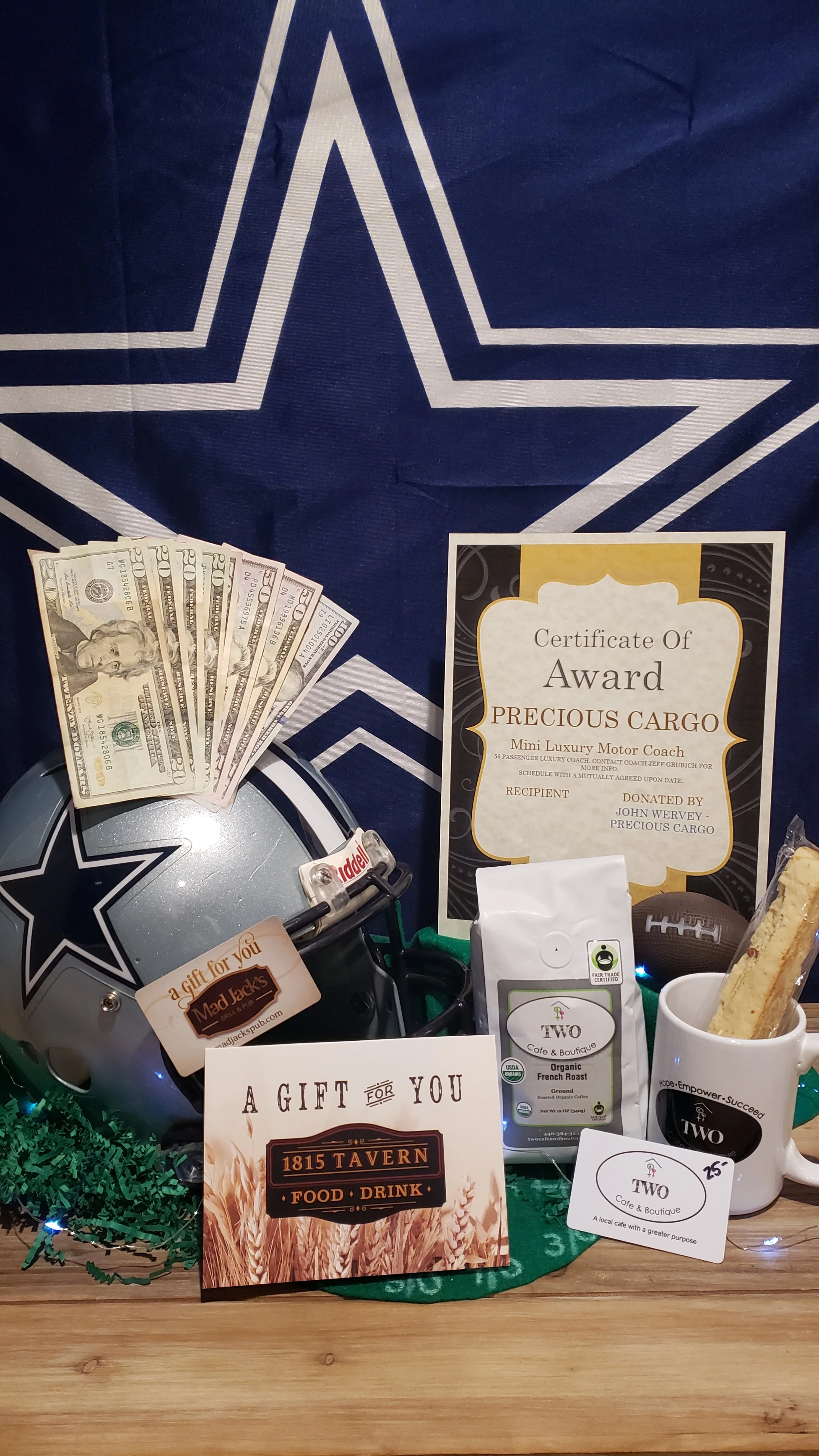 Prize Package 6 - 

Donated by:
Alumni & Senior Football Families,
John Wervey- Precious Cargo,
Two Cafe, 1815 Tavern, Mad Jacks