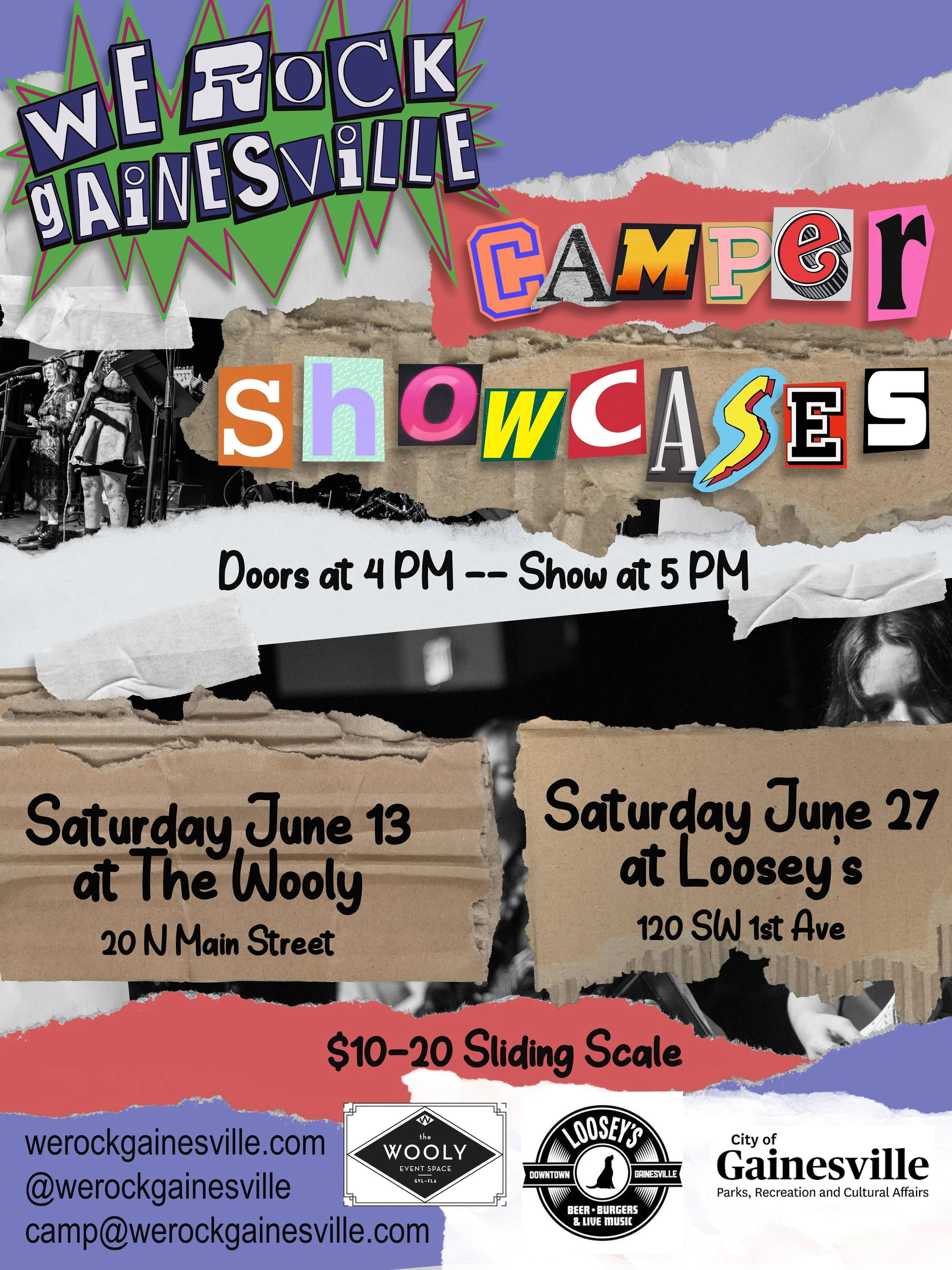 We Rock Gainesville Camper Showcase Doors at 4 PM Show at 5 PM Saturday June 13 at the Wooly 20 North Main Street Saturday June 27 at Loosey's 120 Southwest 1st Ave $10 to $20 sliding scale