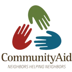 Three colorful hands (red, green, blue) arranged in a circle above the text "Community Aid" in black and red.