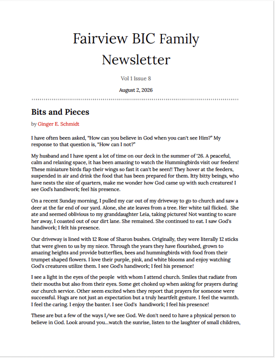 Close-up of a newsletter titled 'Fairview BIC Family Newsletter,' dated August 2, 2026, with the headline 'Bits and Pieces' and a personal story about a Sunday morning at church.