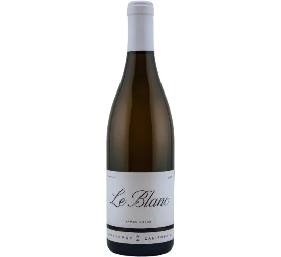 A white wine bottle featuring the text 'Le Blanc' in elegant script, with the year 2024, and the names Russell and Joyce at the bottom.