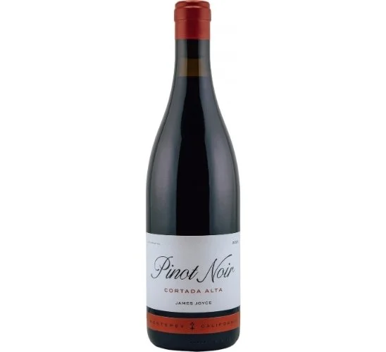 Wine bottle for Cortada Alta Pinot Noir, vintage 2023, produced by Russell Joyce, with 12.5% alcohol content.
