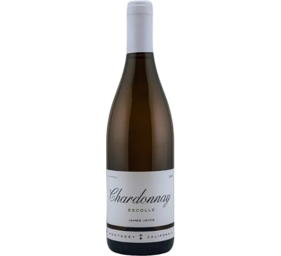 Wine bottle for Chardonnay by James Joyce, features elegant cursive font for 'Chardonnay' and a minimalist design.