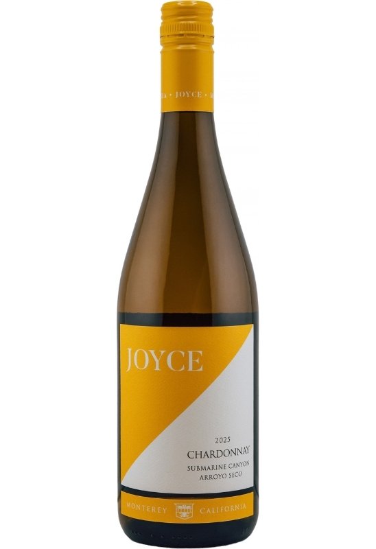 Wine bottle for Joyce Chardonnay featuring a gold and white design with a crest and text indicating 'Submarine Canyon Arroyo Seco'.