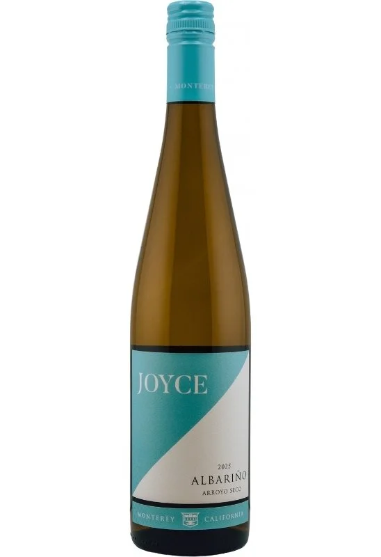 Wine bottle with the name 'Joyce' in large white text on a teal background and the brand 'Albarino Arroyo Seco' with a crest and decorative elements.