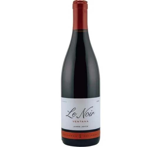 Wine bottle for Le Noir by James Joyce, features elegant cursive font for 'Le Noir' and a minimalist design.