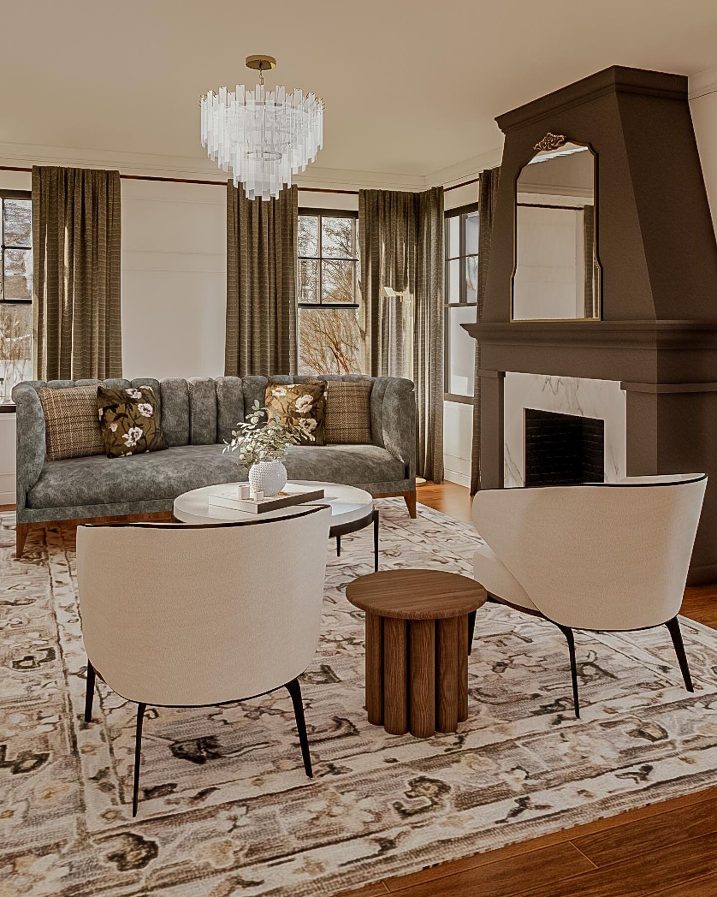 We&rsquo;re bringing back all the charm to this Tudor living room. Reworking the fireplace from boring and builder grade to period perfect along with a new chandelier helps to elevate this room. New furnishings and window treatments bring it all toge
