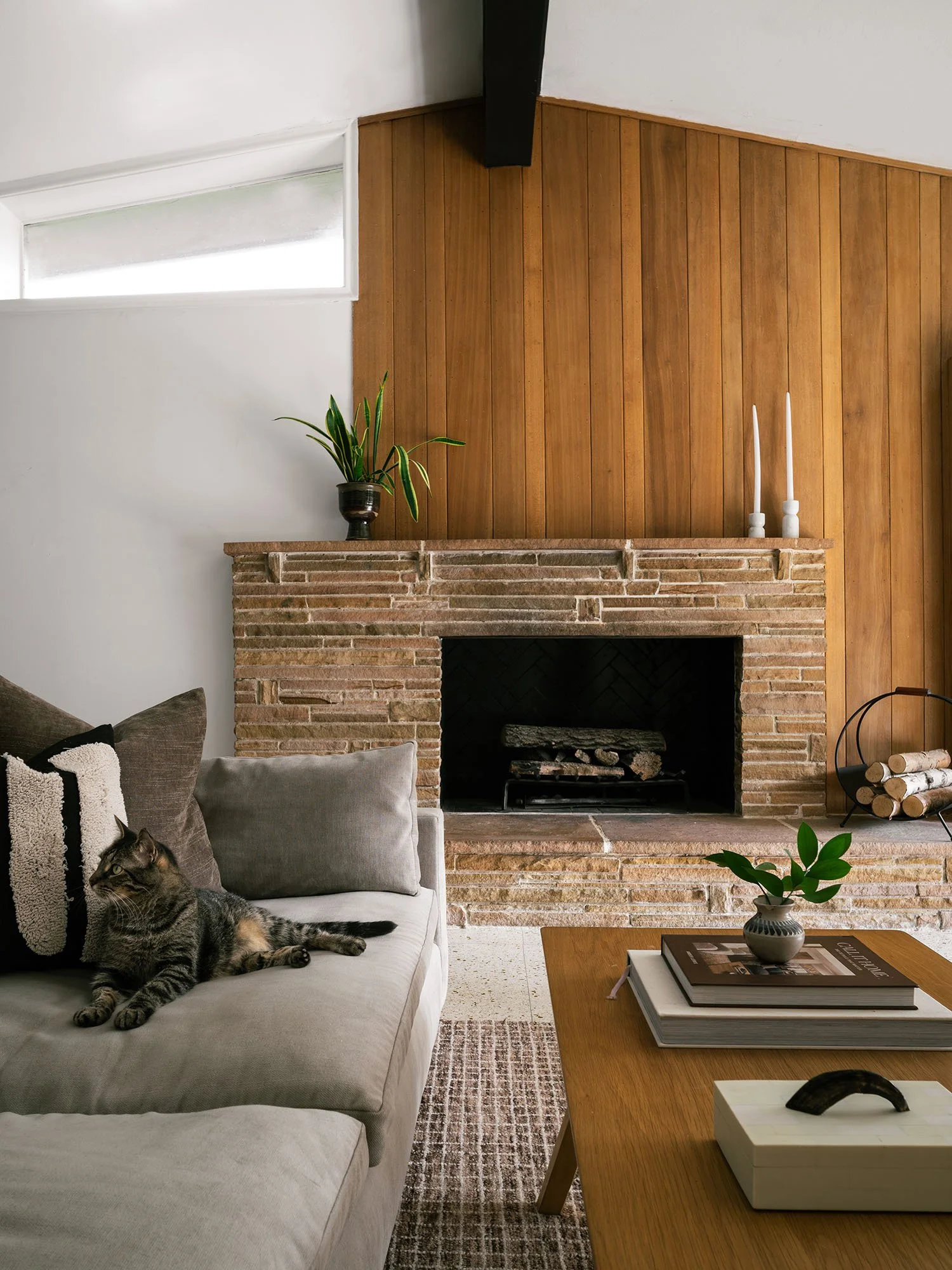 Mid-century modern living room with original wood paneling, a vintage brick fireplace, and a gray tabby cat lounging on a contemporary sofa.
