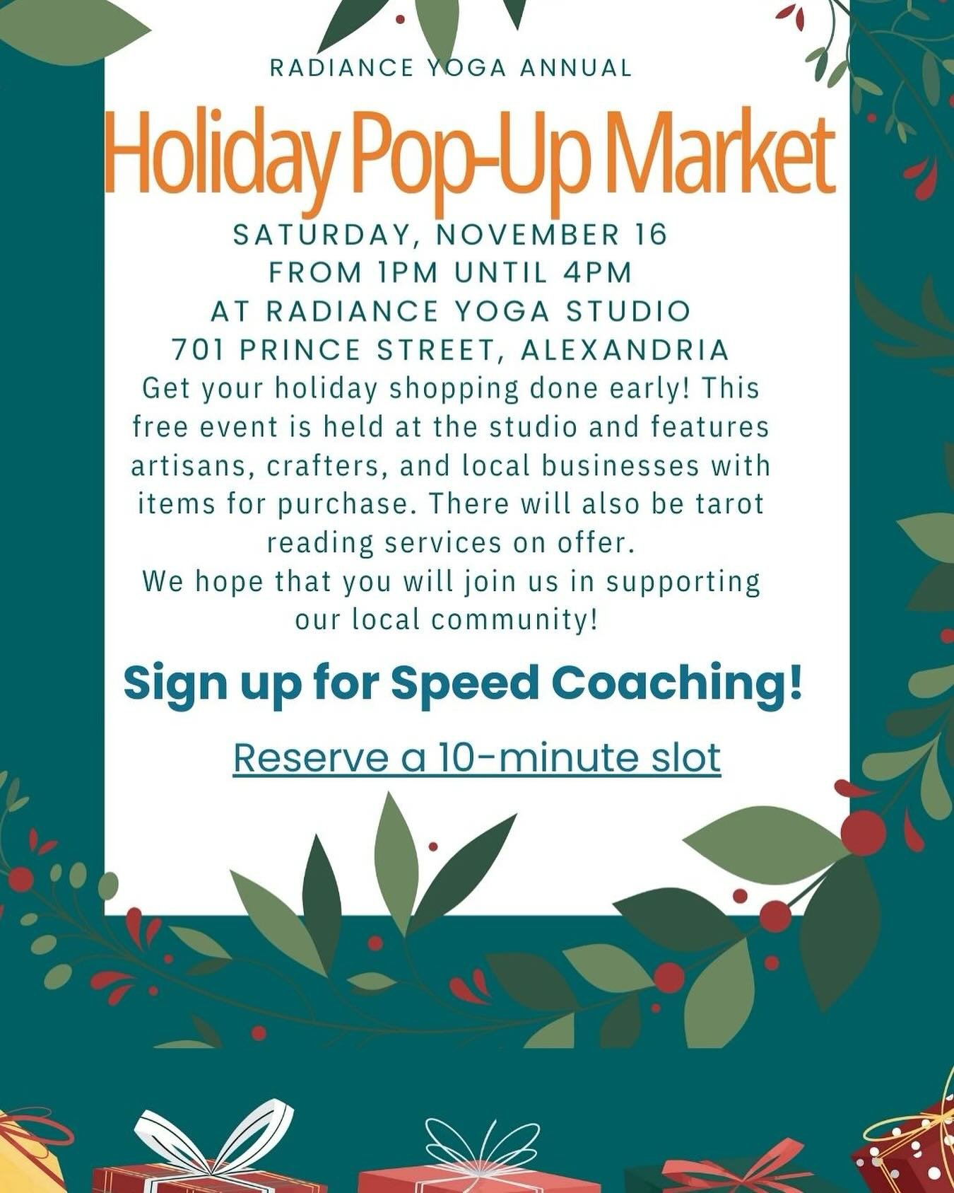 Free speed coaching sessions in Alexandria&rsquo;s Radiance Yoga pop-up this Saturday, 11/16! Reserve your spot:  bit.ly/4emDBpS