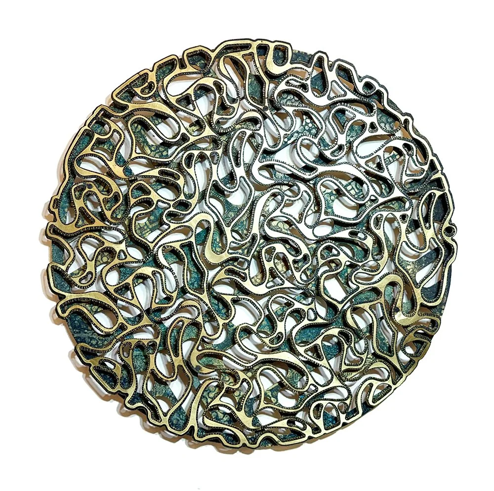 False Fact, 24" diameter, etched and patinated brass