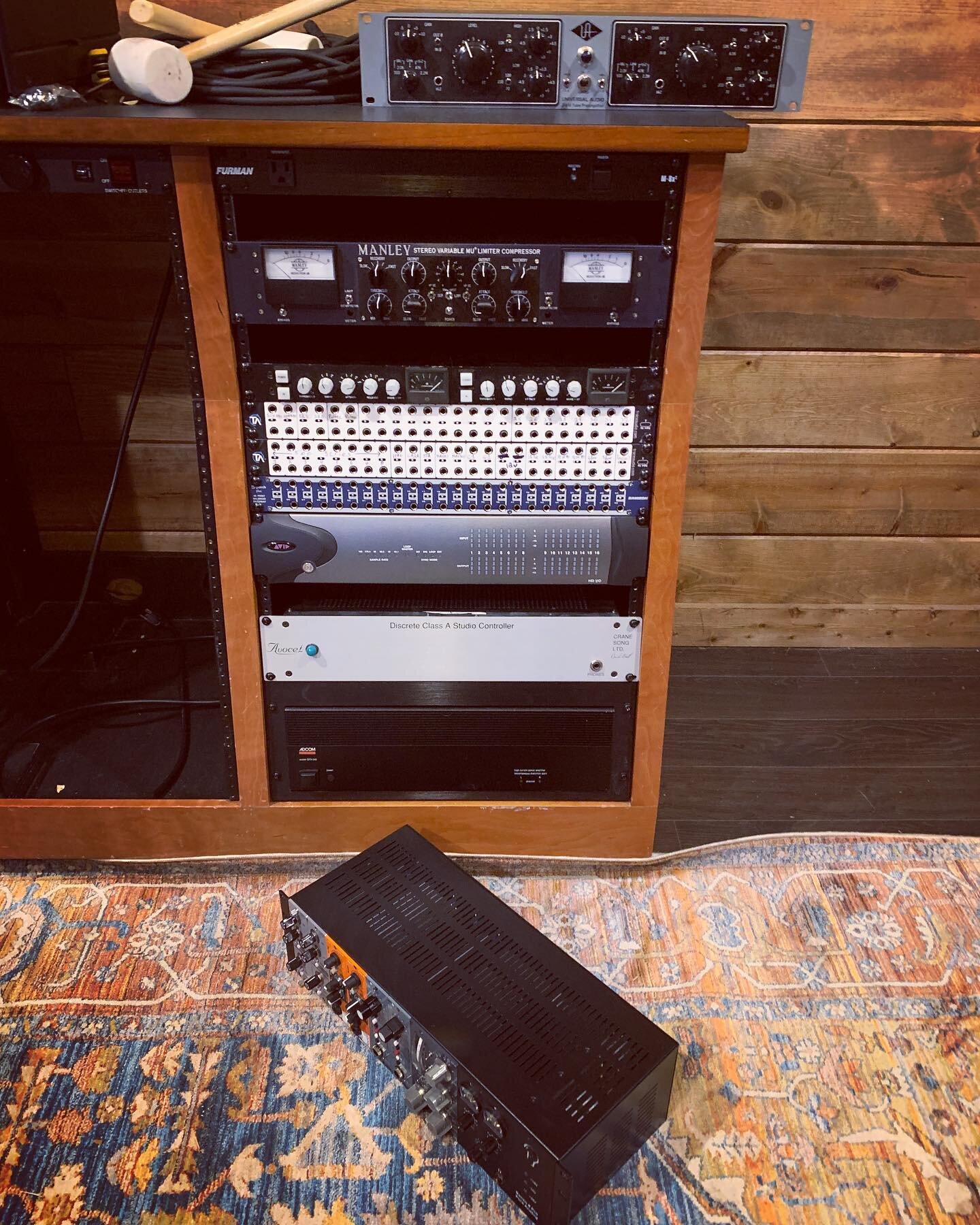 Racks taking shape. This one is the farthest away. 2-buss comps, patch bay and stuff that doesn&rsquo;t get touched (plus the HDX and Cranesong are a little noisy)