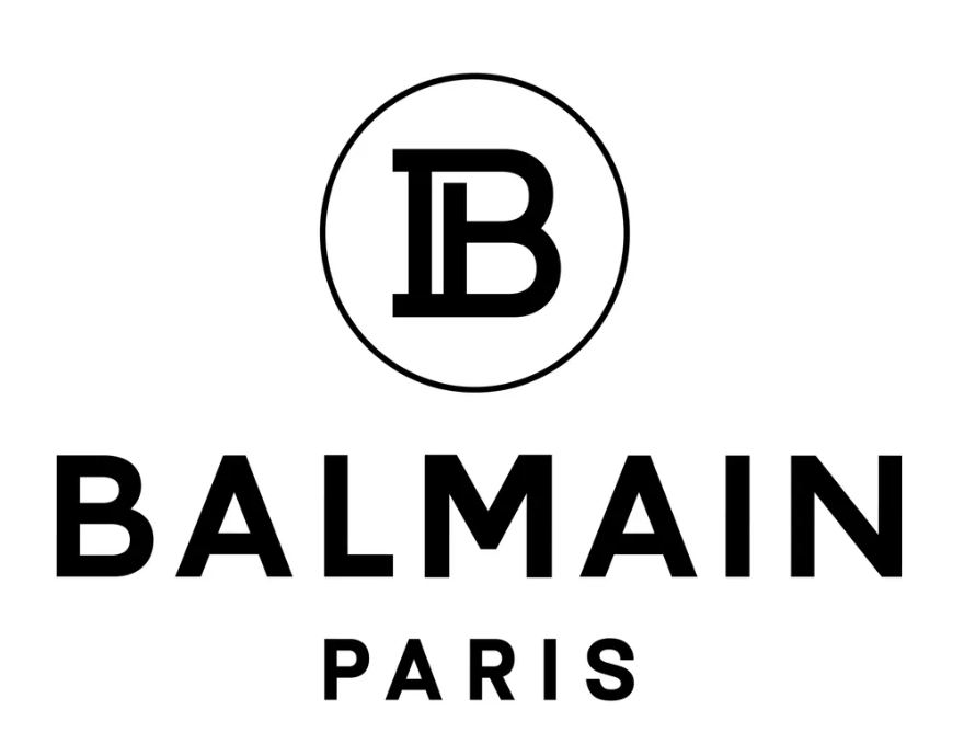 Black and white logo with a large letter B inside a circle above the brand name 'Balmain' and 'Paris' beneath.