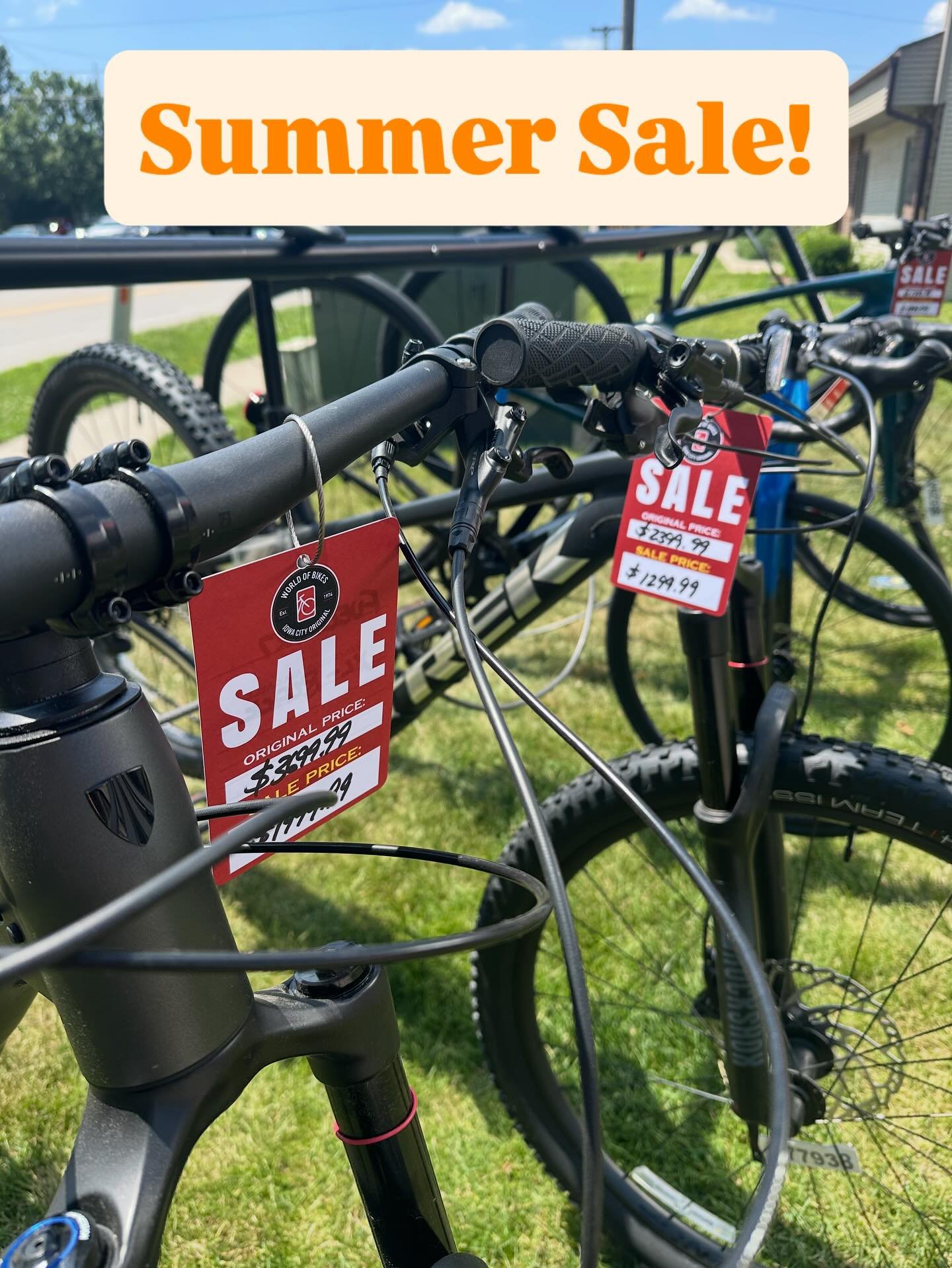 ☀️Summer sale starts TODAY☀️We&rsquo;ve gone through the shop and marked down select in-stock bikes at least 10% off plus we have a sale rack of clothing up to 75% off! 

🚨Don&rsquo;t wait until the last minute to get your bike serviced for RAGBRAI!