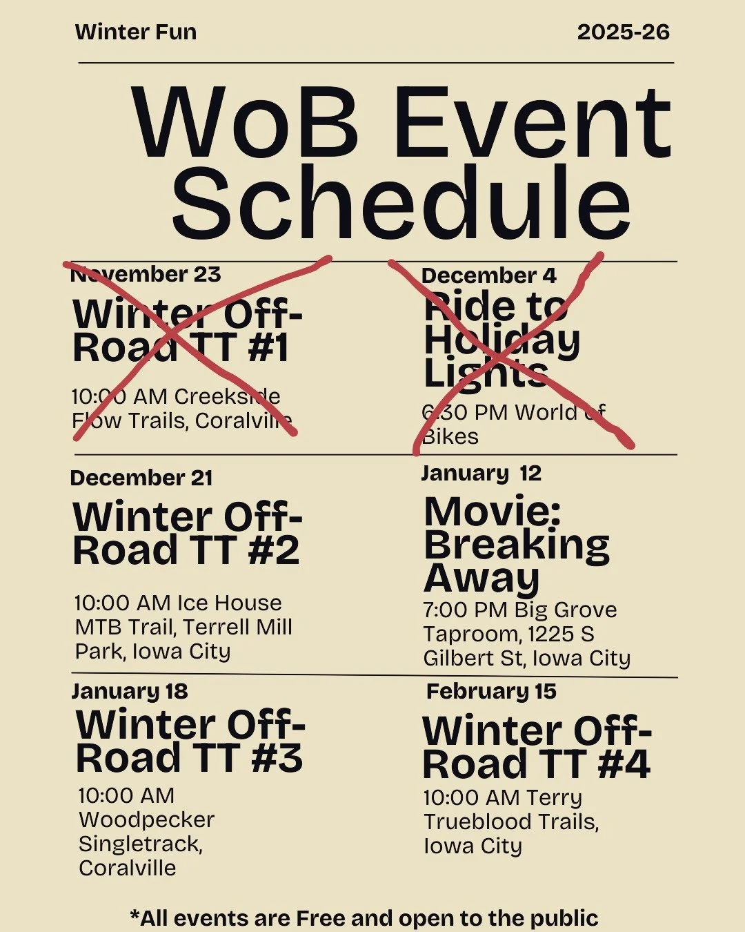 The fun continues, it looks like the December edition of the Winer Off Road Time Trial Series will be a Fat Tire Special! Let's hope the snow keeps coming down and making the trail even awesomer. Then, on January 12 at Big Grove a we present deep div