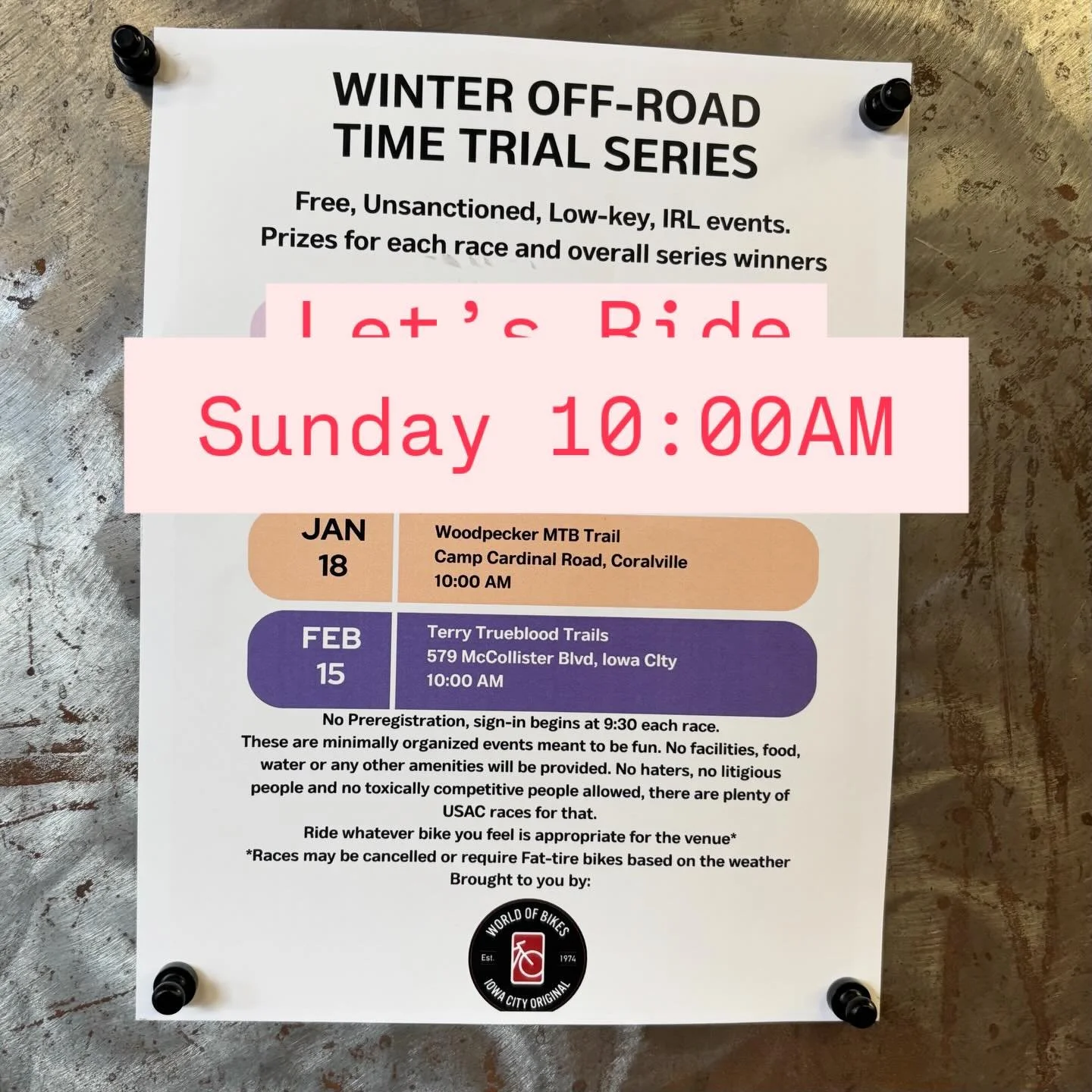 The third stage of our Winter Off Road Time Trial Series is Sunday. Looks like the weather is going to cooperate with a frozen Woodpecker Singletrack trail but fat tires will be recommended. Come join even if you haven&rsquo;t participated yet, sign 