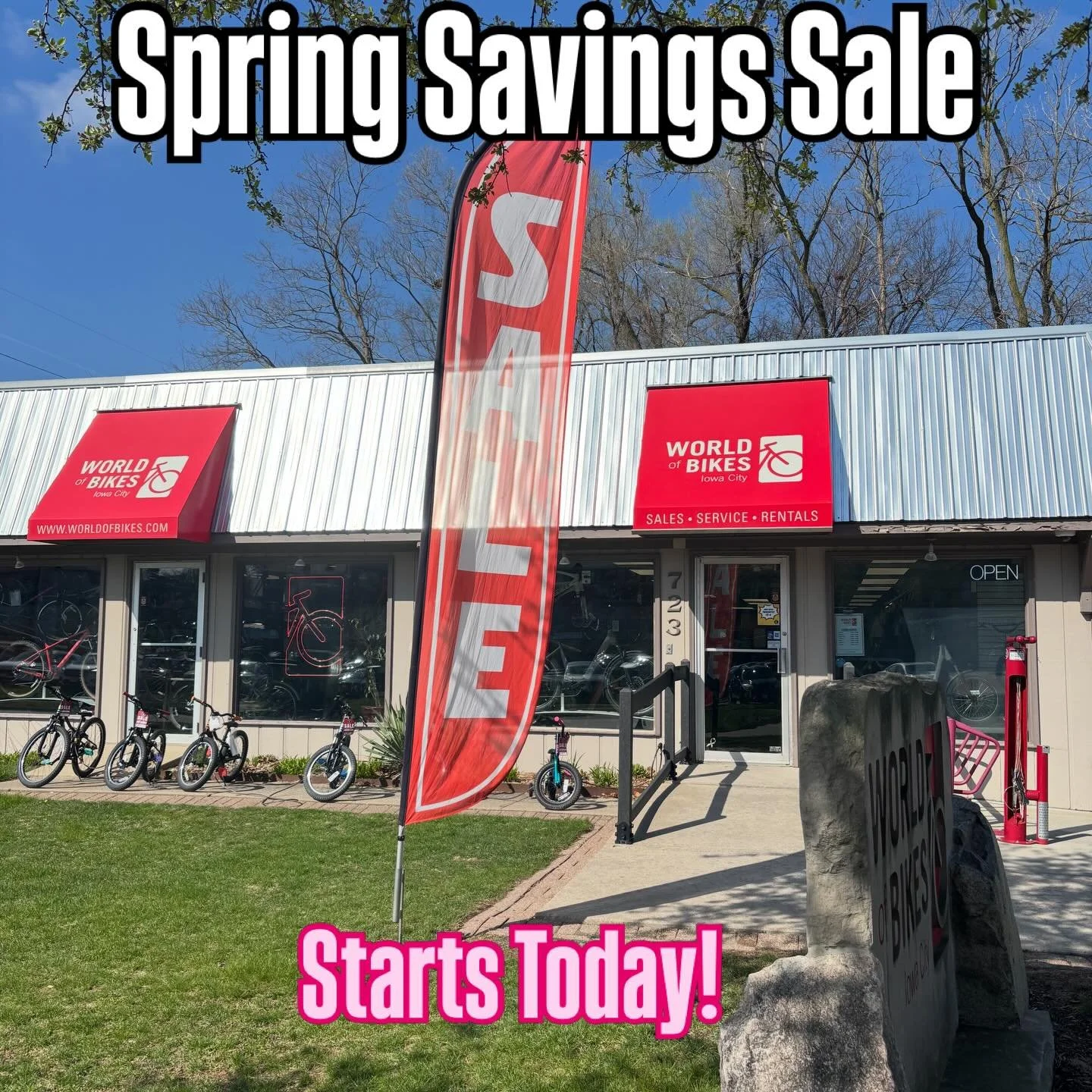 The World of Bikes Spring Savings Sale is here. Take advantage of these discounts April 10-19. $100 off bikes up to $999.99, $200 off bikes $1000-1999.99, $300 off bikes $2000- 3999.99 and $500 off bikes over $4000. ALL parts,accessories and apparel 