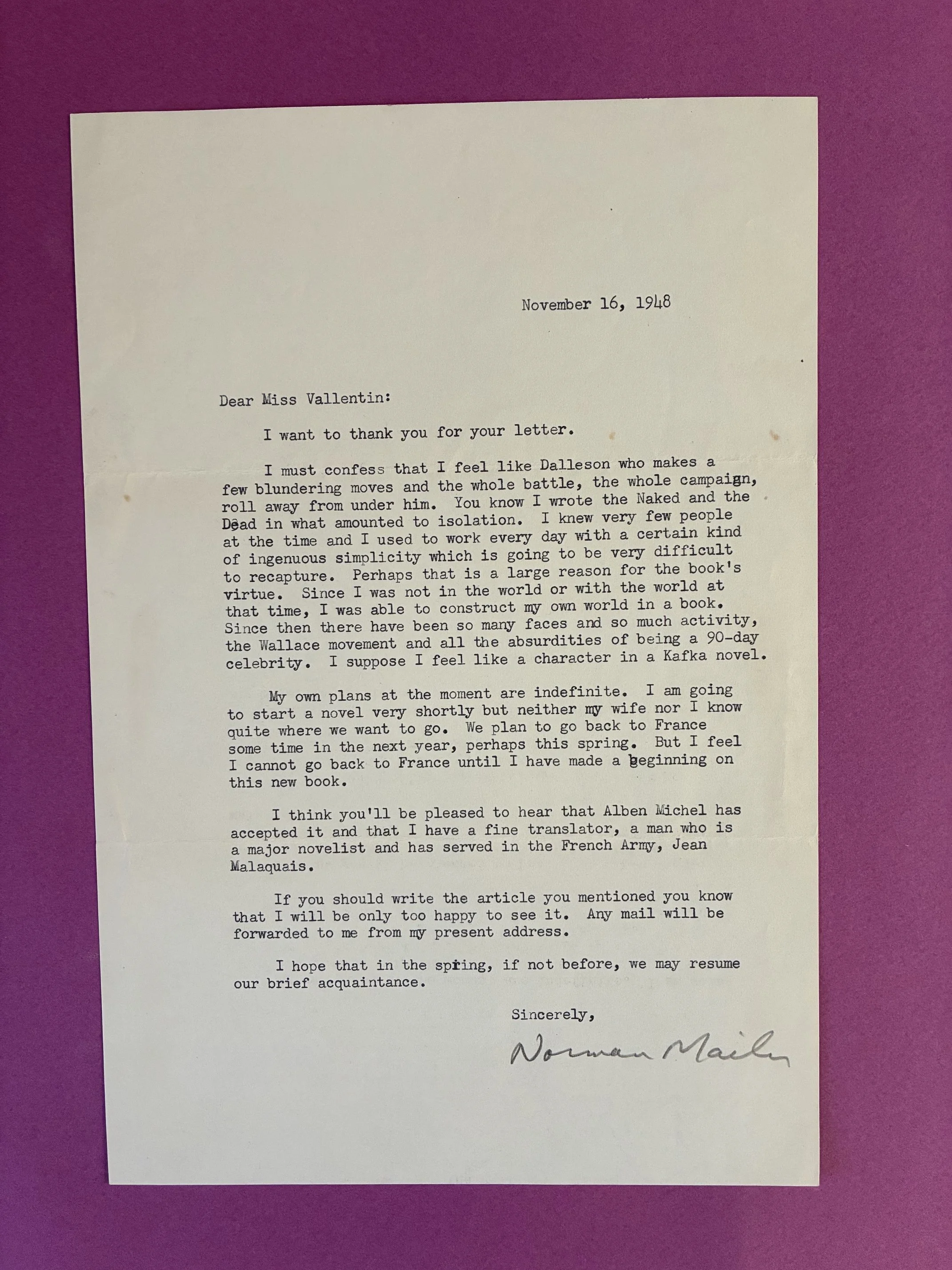 Mailer, Norman. TLS TO A FRENCH LITERARY CRITIC