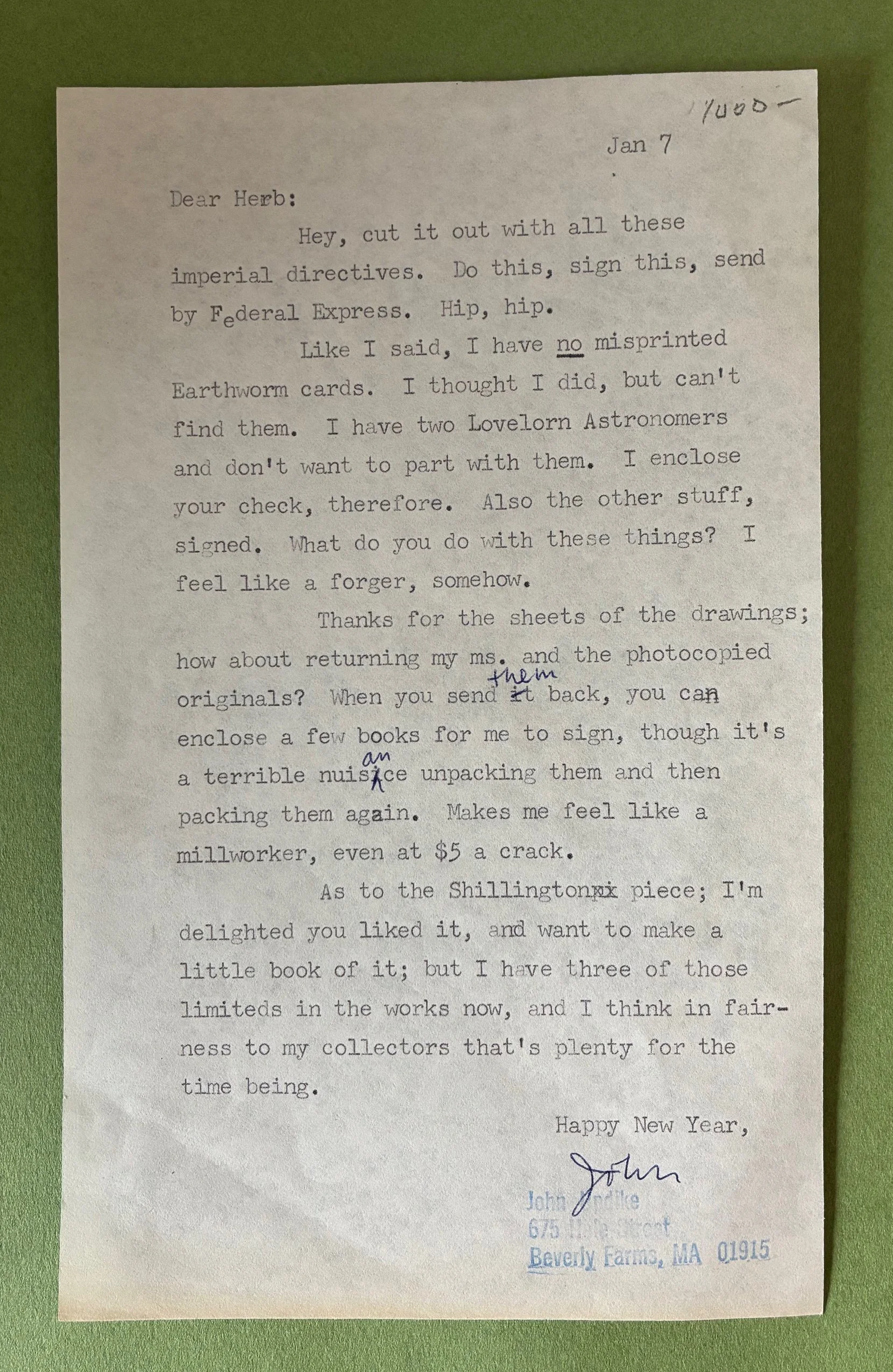 Updike, John. TLS To His LORD JOHN PRESS PUBLISHER.