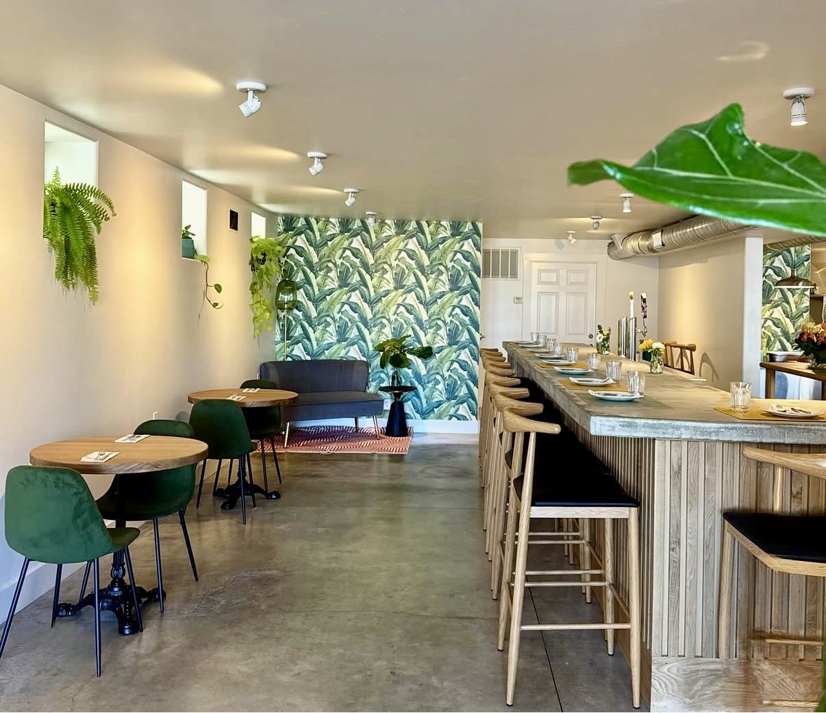 Modern cafe interior with bar seating, green chairs, tables, wall plants, and tropical wallpaper.