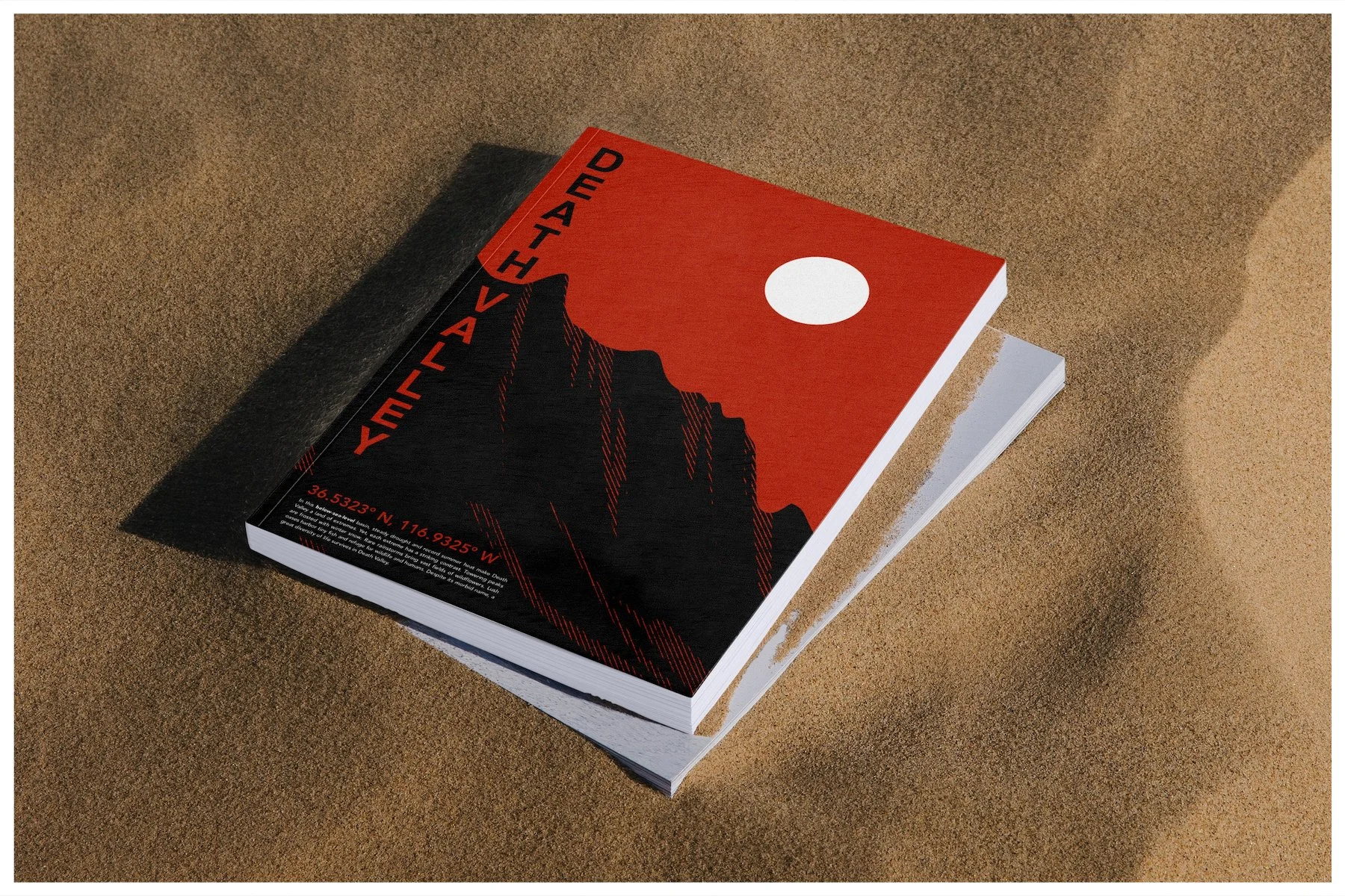A book mockup using a design showcasing the location of Death Valley with a minimalism approach. Poster design by Carmelo Rossette.