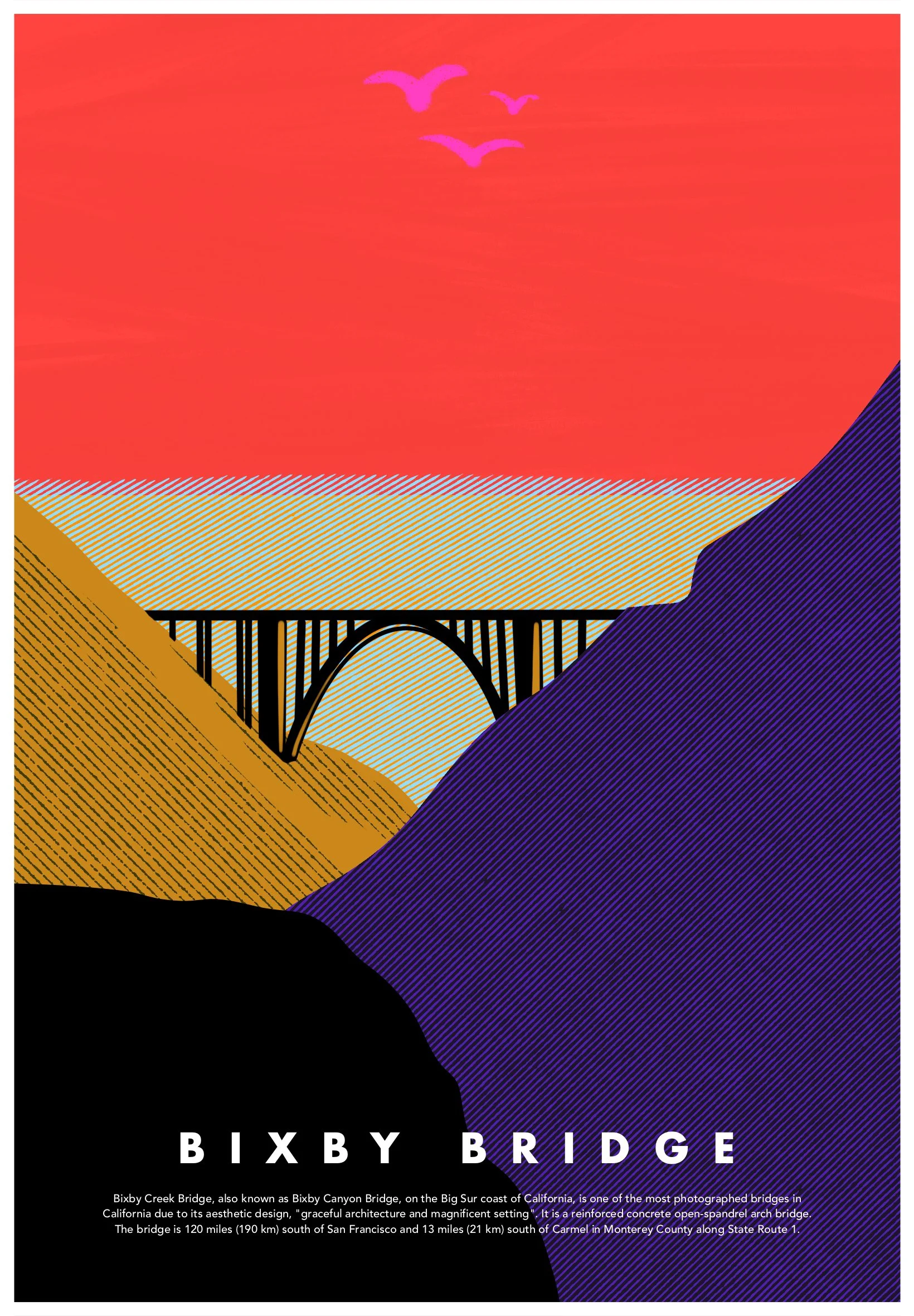A poster design showcasing the location of Bixby Bridge in Big Sur, California with a minimalism approach. Poster design by Carmelo Rossette.