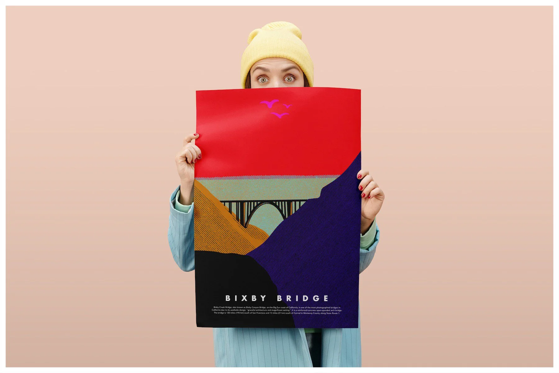 A poster mockup using a design showcasing the location of Bixby Bridge in Big Sur, California with a minimalism approach. Poster design by Carmelo Rossette.