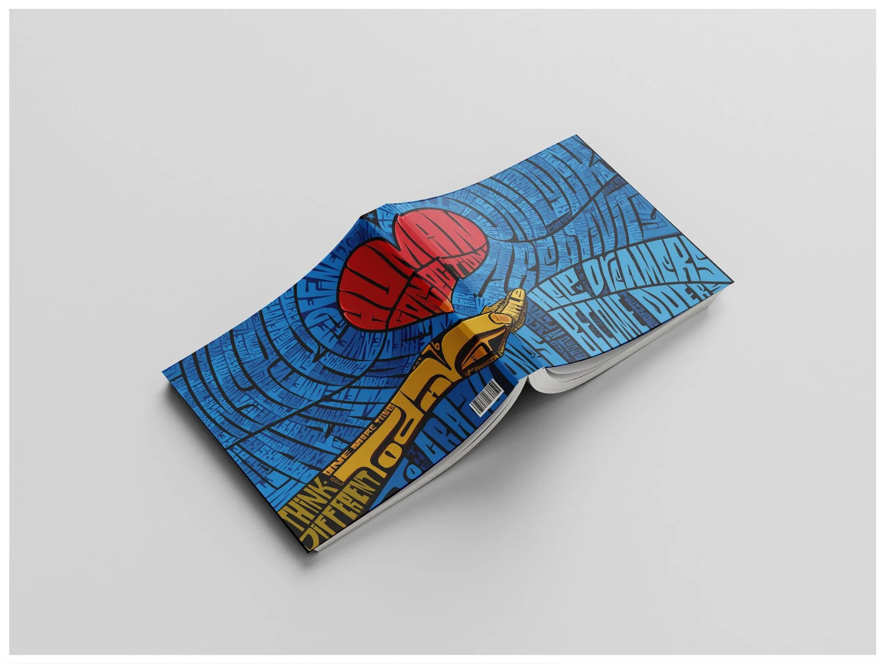 A book mockup using an illustration of a hand  holding a heart, with multiple subliminal messages inside of it saying, "unlock creativity, human connection, and inspire learning." Illustration by Carmelo Rossette.