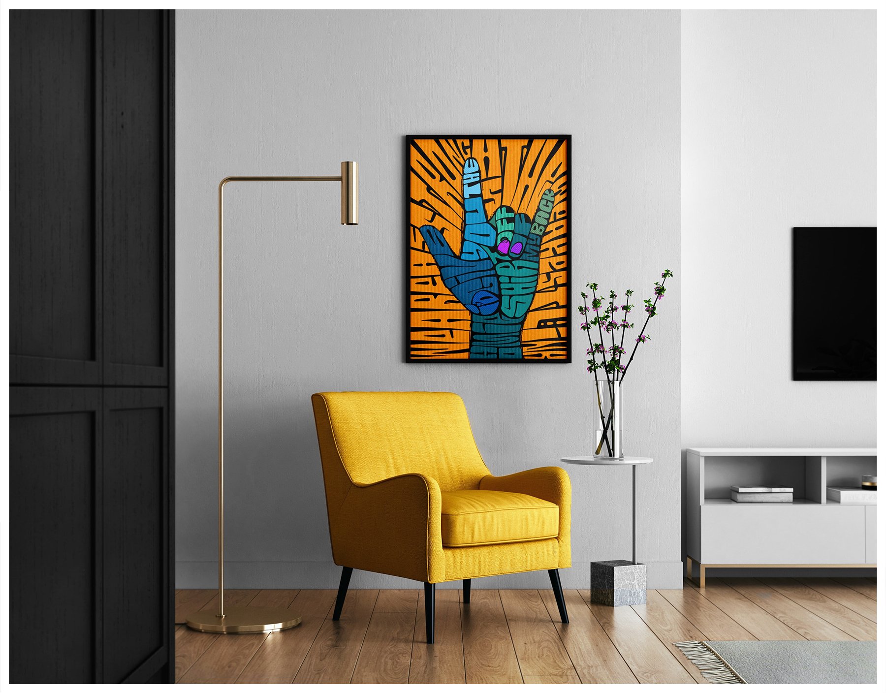 A poster mockup using a digital illustration of a "I Love You" hand gesture with a subliminal message inside it. Illustration by Carmelo Rossette. 