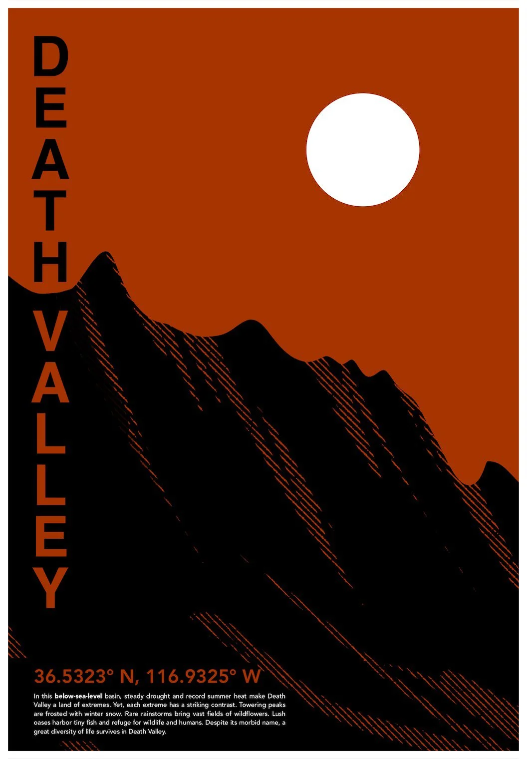 A poster design showcasing the location of Death Valley with a minimalism approach. Poster design by Carmelo Rossette.