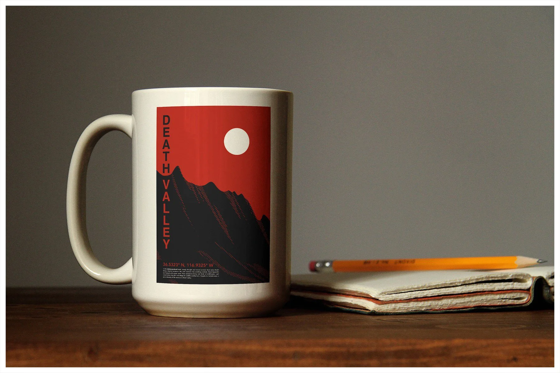 A book mockup using a design showcasing the location of Death Valley with a minimalism approach. Poster design by Carmelo Rossette.