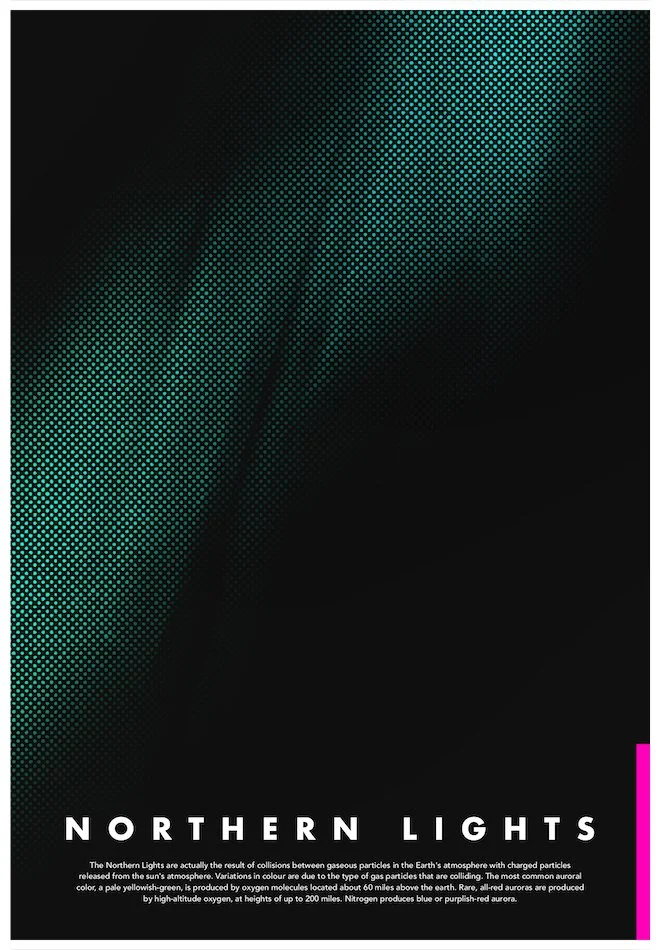 A poster design showcasing Aurora Borealis (Northern Lights) with a minimalism approach. Poster design by Carmelo Rossette.
