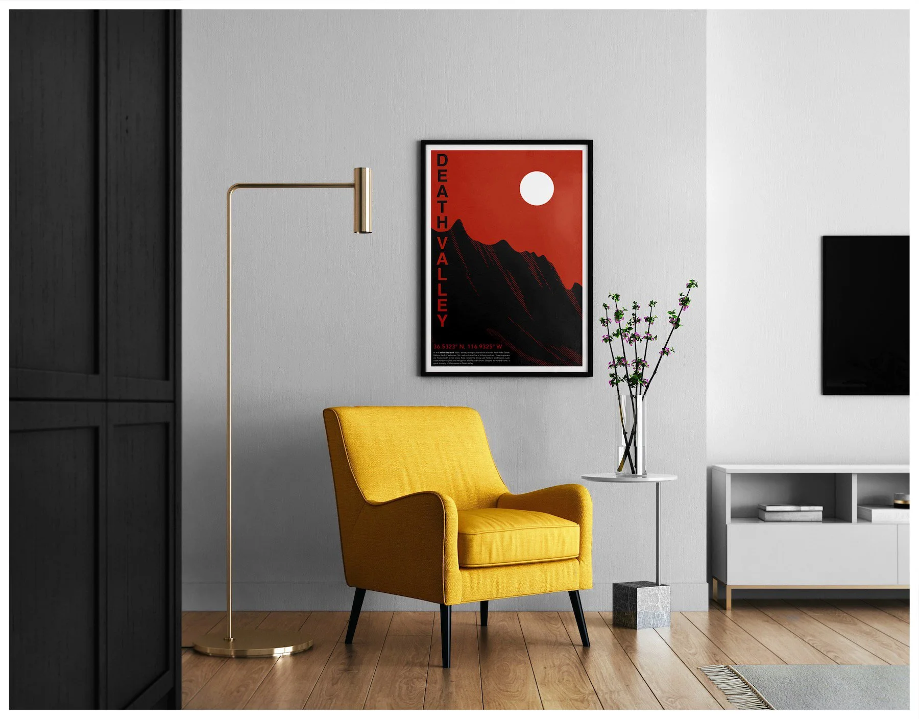 A poster mockup using a design showcasing the location of Death Valley with a minimalism approach. Poster design by Carmelo Rossette.