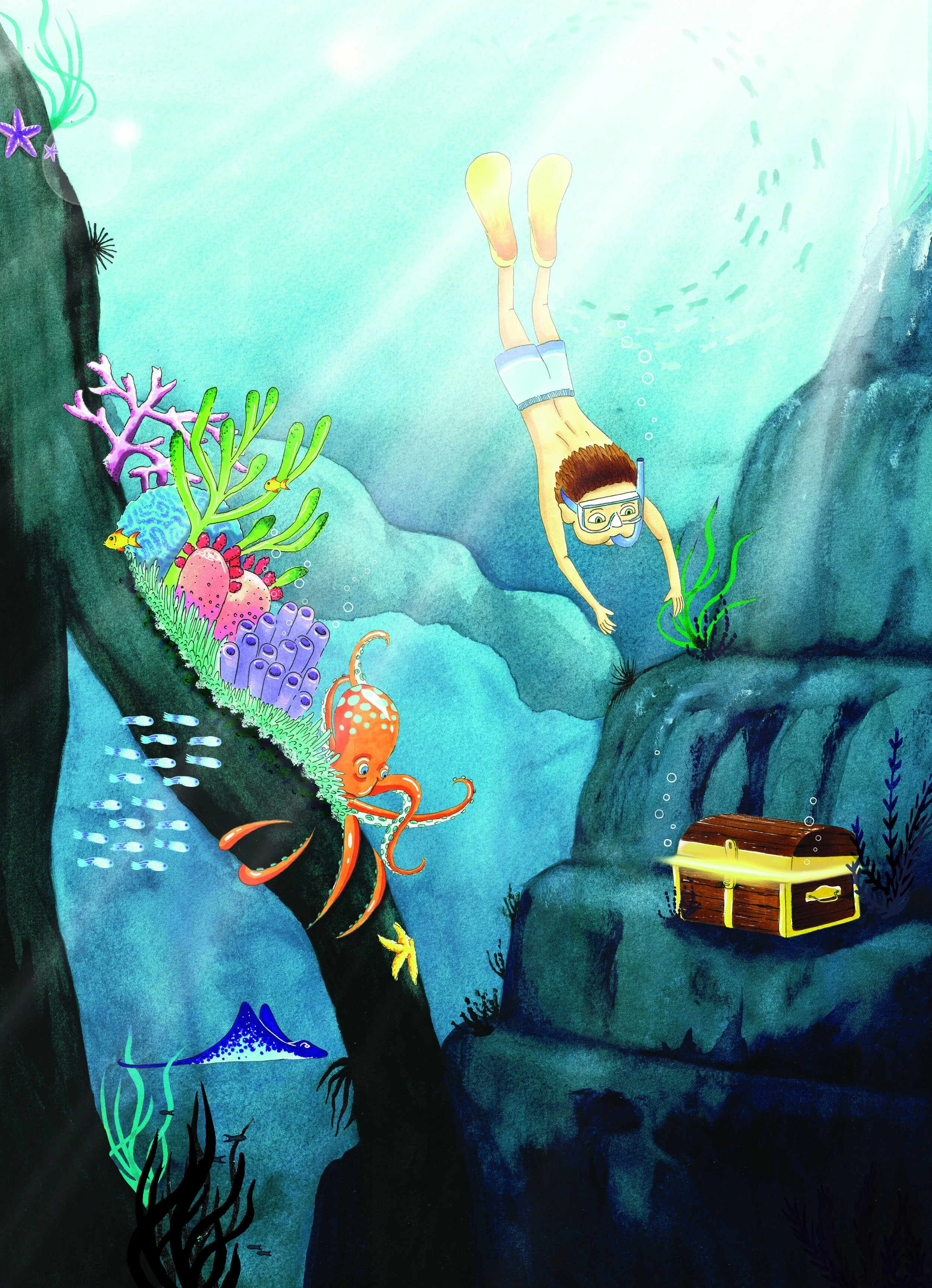 Personal illustration ‘Cooper Under The Sea’ — underwater scene by freelance illustrator