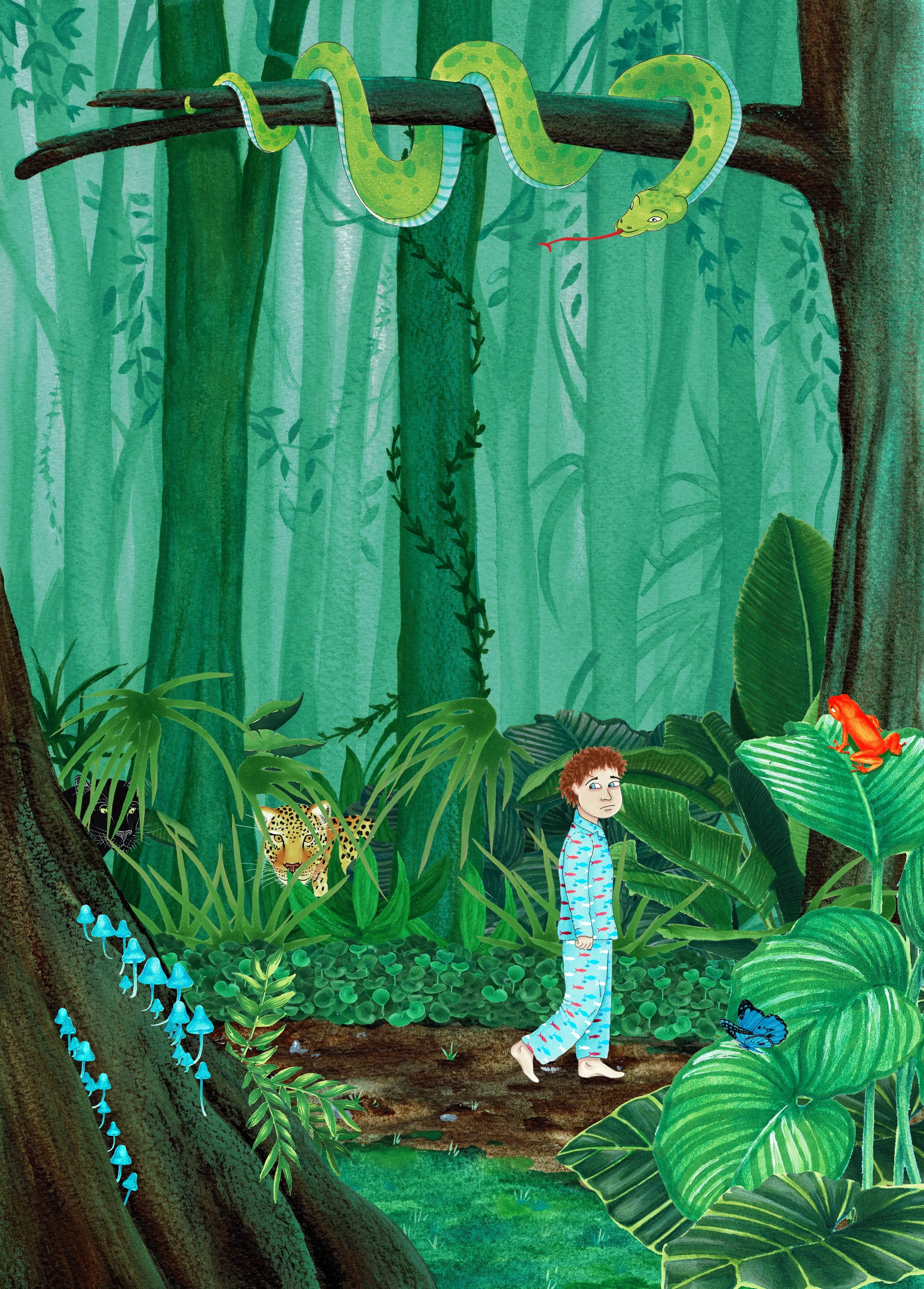 Personal work ‘Cooper In The Jungle’ — vibrant illustrative scene by freelance illustrator