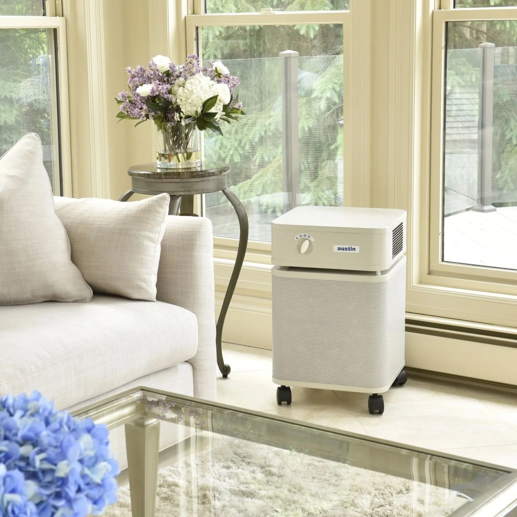 Austin Air HealthMate Plus air purifier in a living room for continuous filtration of airborne contaminants