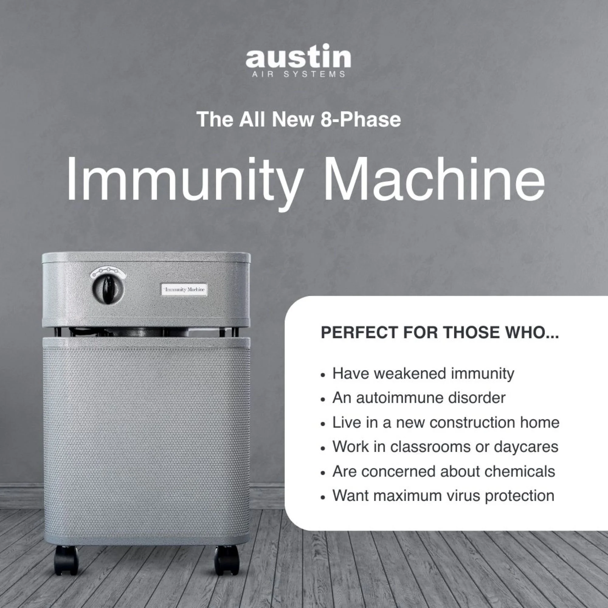 Austin Air Immunity Machine medical grade air purifier designed to reduce mold fragments and carcinogenic VOCs