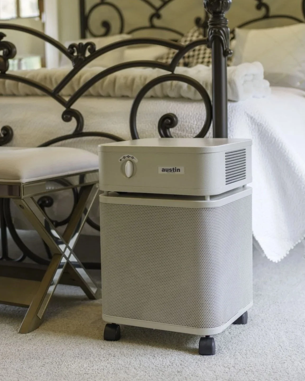 Austin Air medical grade air purifier for your home designed to reduce mold fragments, virus-containing airborne particles, and carcinogenic VOCs