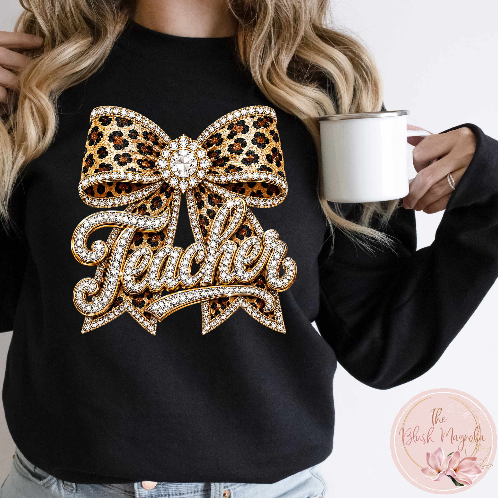 Rhinestone Leopard Bow Teacher Sweatshirt.png