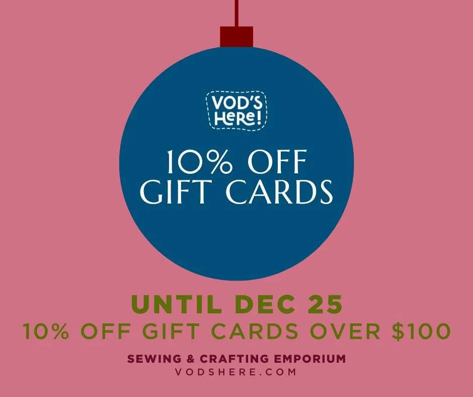 Gift an experience this holiday season. Gift cards over $100 are all 10% off and are good for private sessions, workshops, fabric, craft kits, and sewing notions! 

Vod&rsquo;s Here, Sewing &amp; Crafting Emporium is a workshop &amp; retail space. We