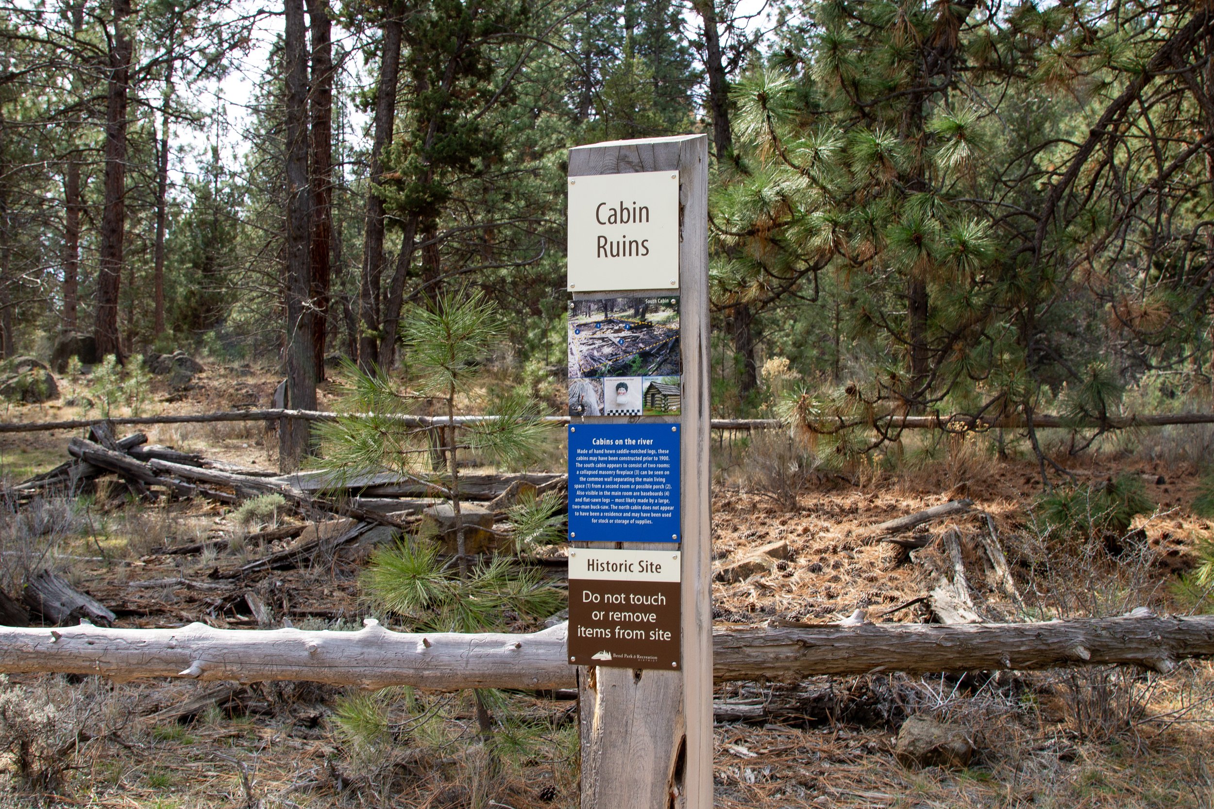 Riley Ranch cabin ruins with informational sign