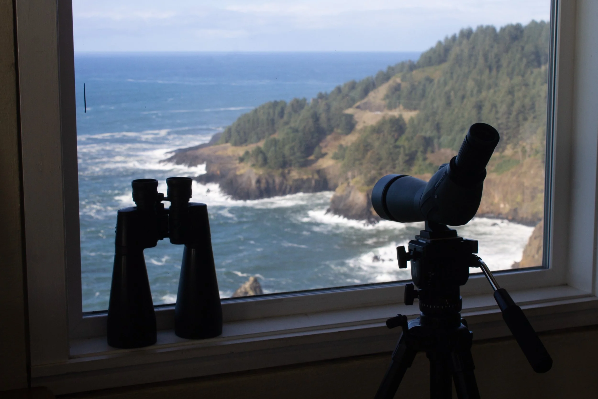 Binoculars by window overlooking the ocean